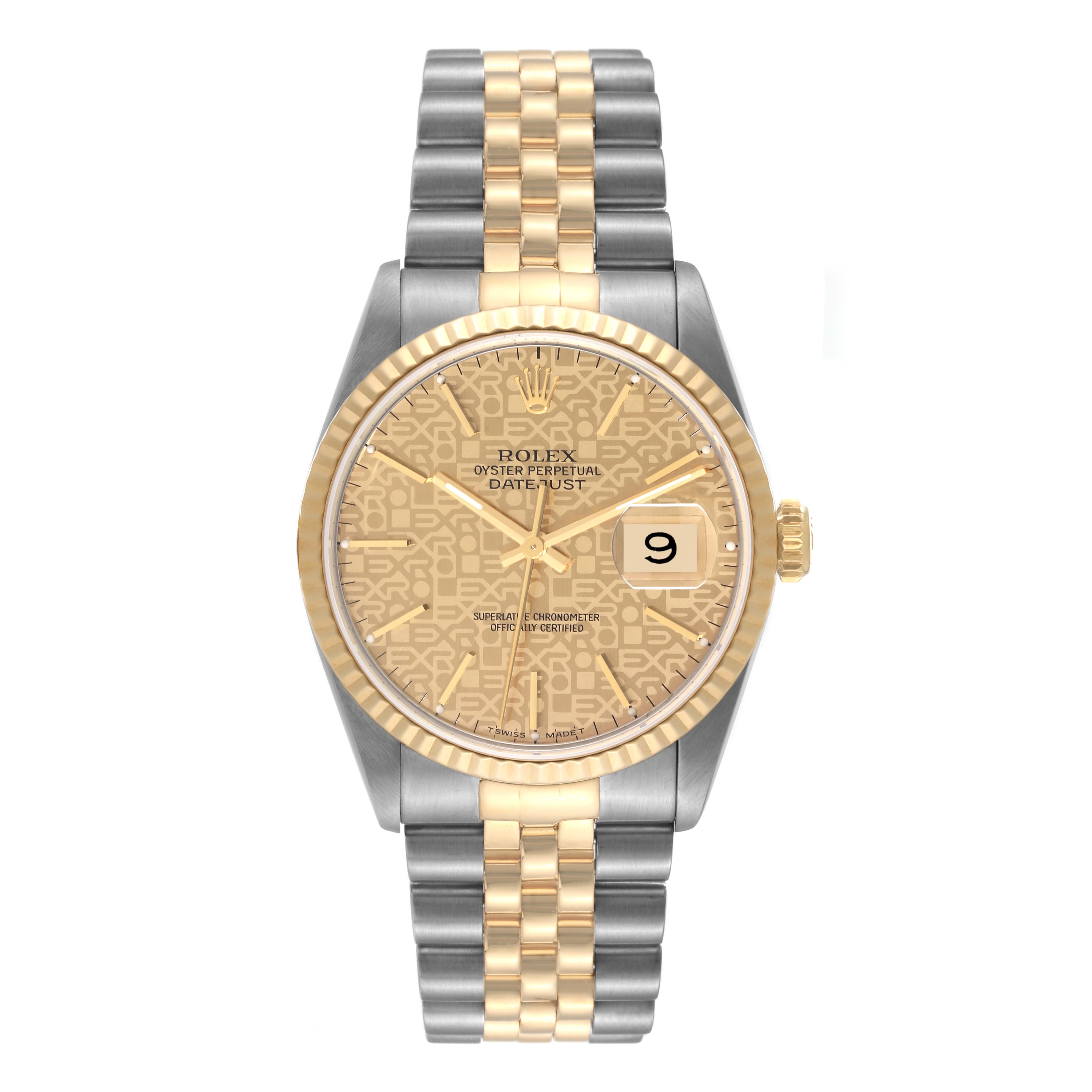 This image shows a front view of a Rolex Datejust 16233 Men's Steel and Gold (two tone) Champagne Dial 16233 Men's Steel and Gold (two tone) Champagne Dial watch, highlighting its two-tone bracelet, gold dial, and date window.
