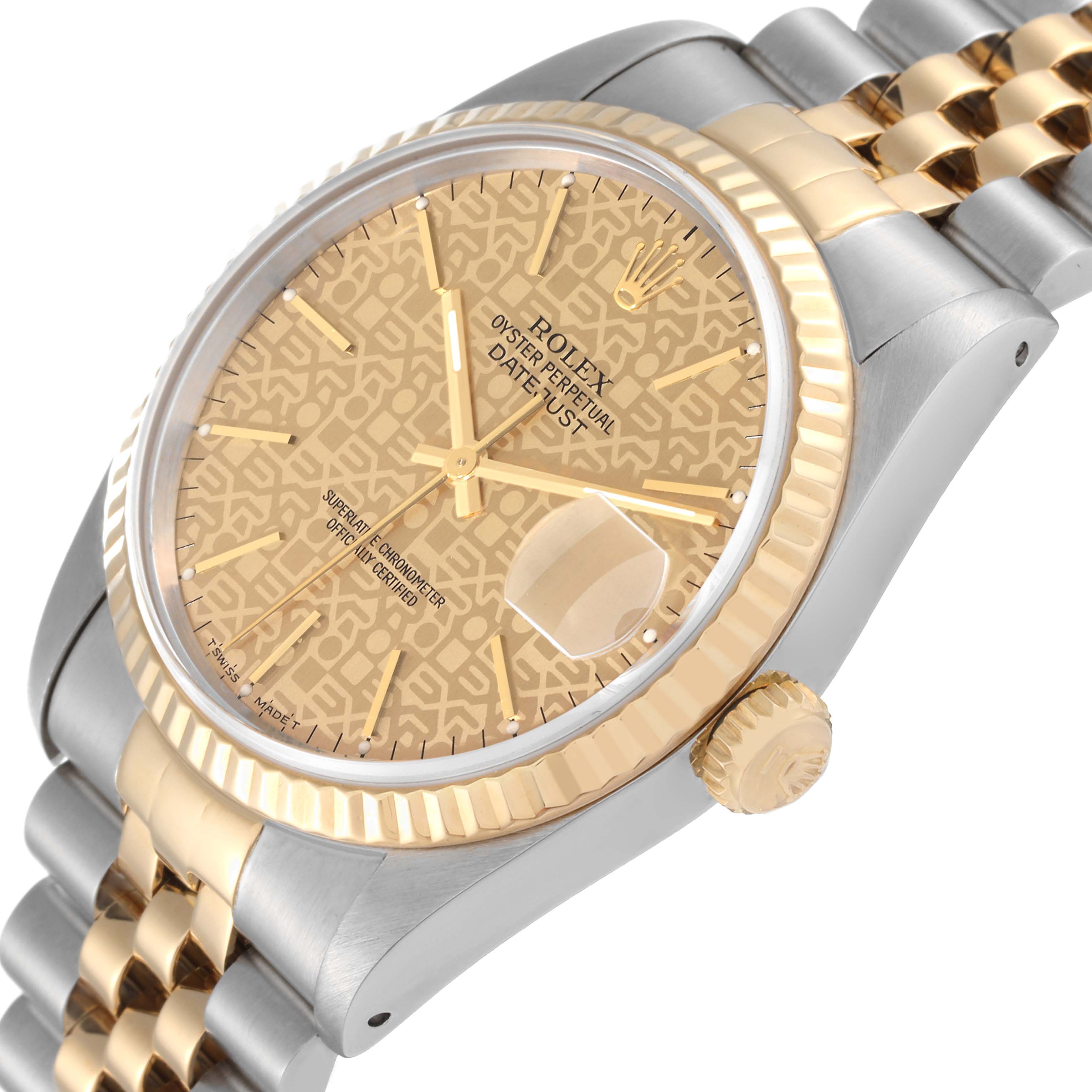 This image shows a close-up angled view of the Rolex Datejust 16233 Men's Steel and Gold (two tone) Champagne Dial 16233 Men's Steel and Gold (two tone) Champagne Dial watch, highlighting the dial, fluted bezel, and part of the bracelet.