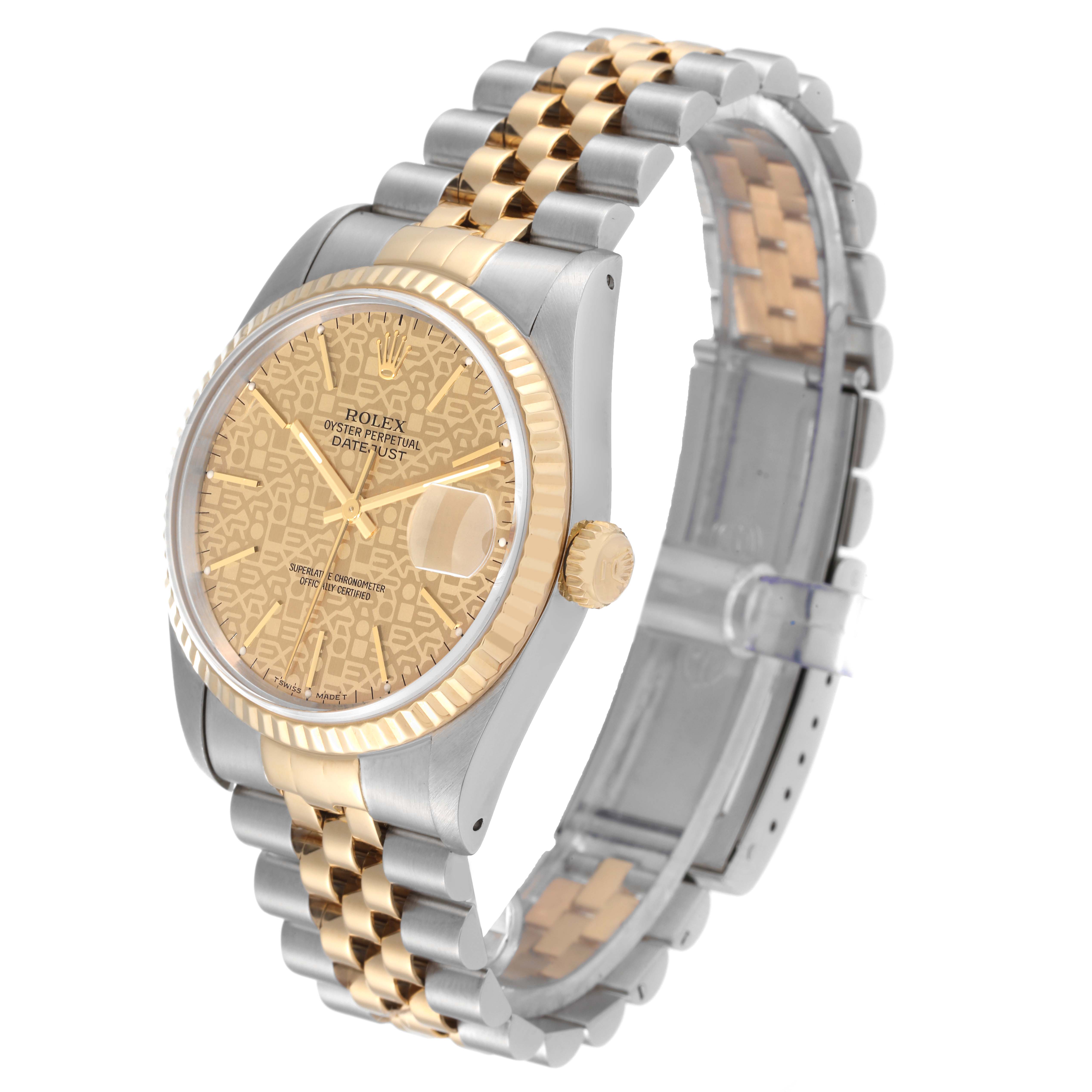 The image shows the Rolex Datejust 16233 Men's Steel and Gold (two tone) Champagne Dial 16233 Men's Steel and Gold (two tone) Champagne Dial watch from an angled side view, highlighting the gold dial, bezel, crown, and two-tone bracelet.