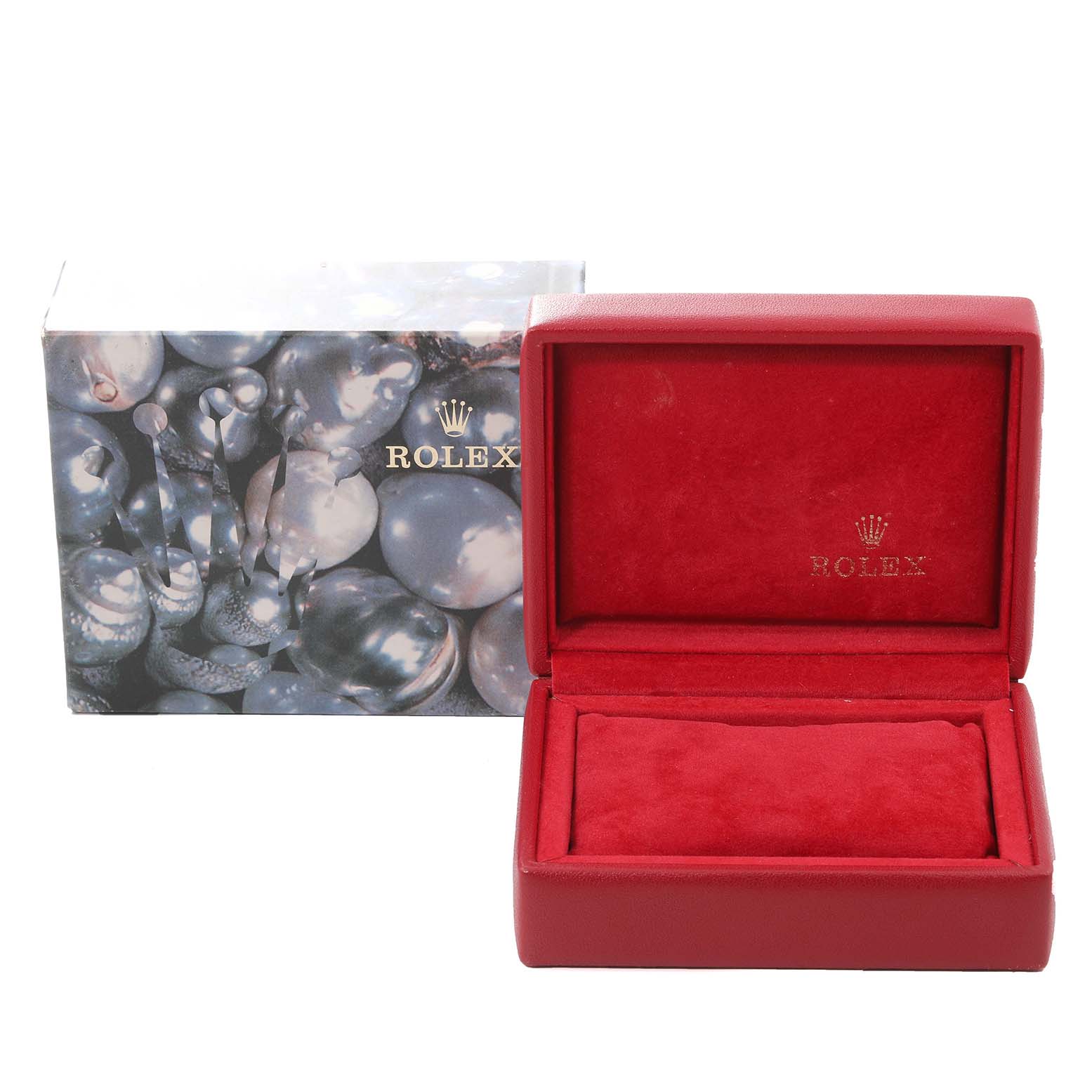 The image shows a Rolex Datejust 79173 Women's Steel and Gold (two tone) Champagne Dial 79173 Women's Steel and Gold (two tone) Champagne Dial watch box and its packaging, with the lid open revealing the interior.