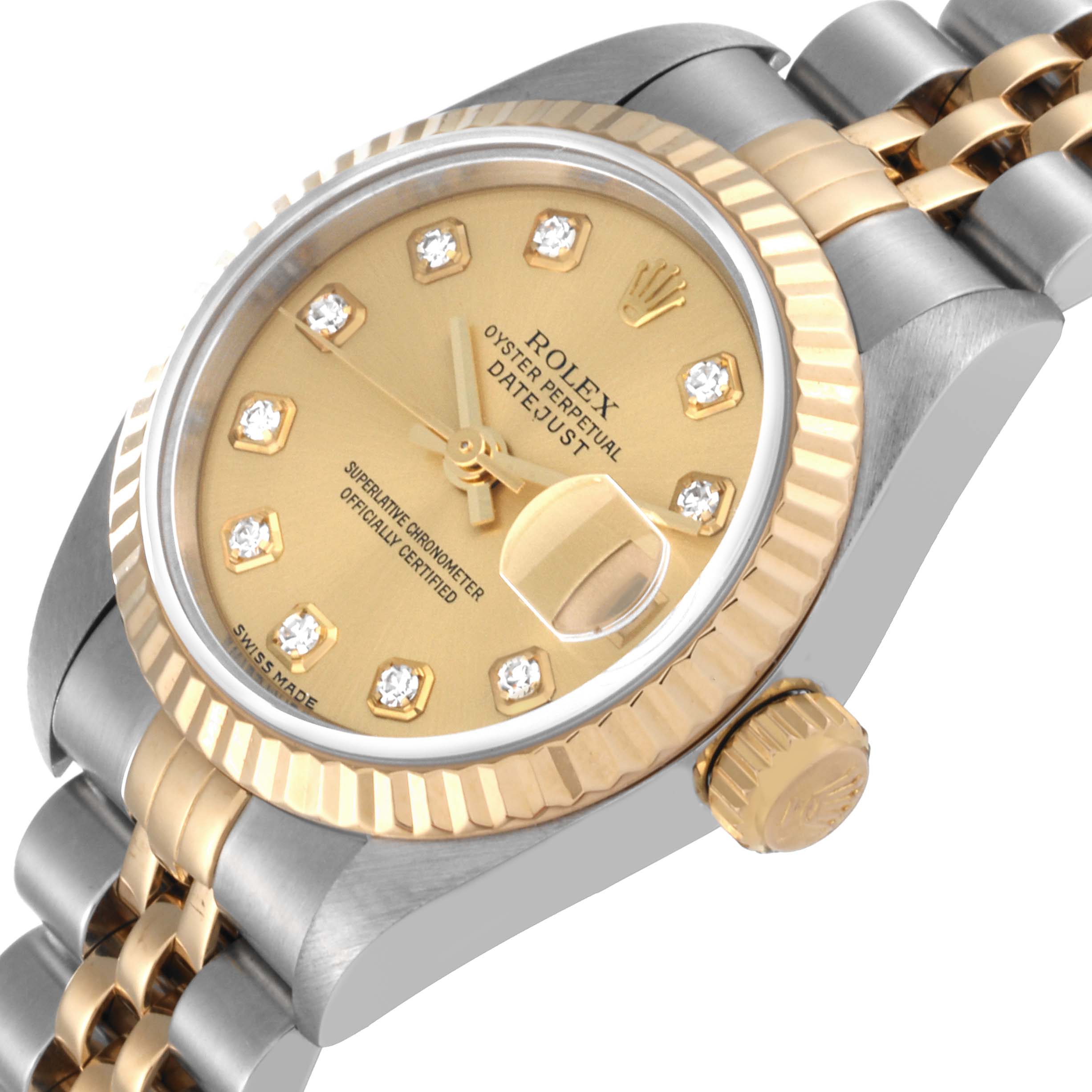 The image shows a Rolex Datejust 79173 Women's Steel and Gold (two tone) Champagne Dial 79173 Women's Steel and Gold (two tone) Champagne Dial watch at a close-up angle, focusing on its dial, bezel, and part of the bracelet.