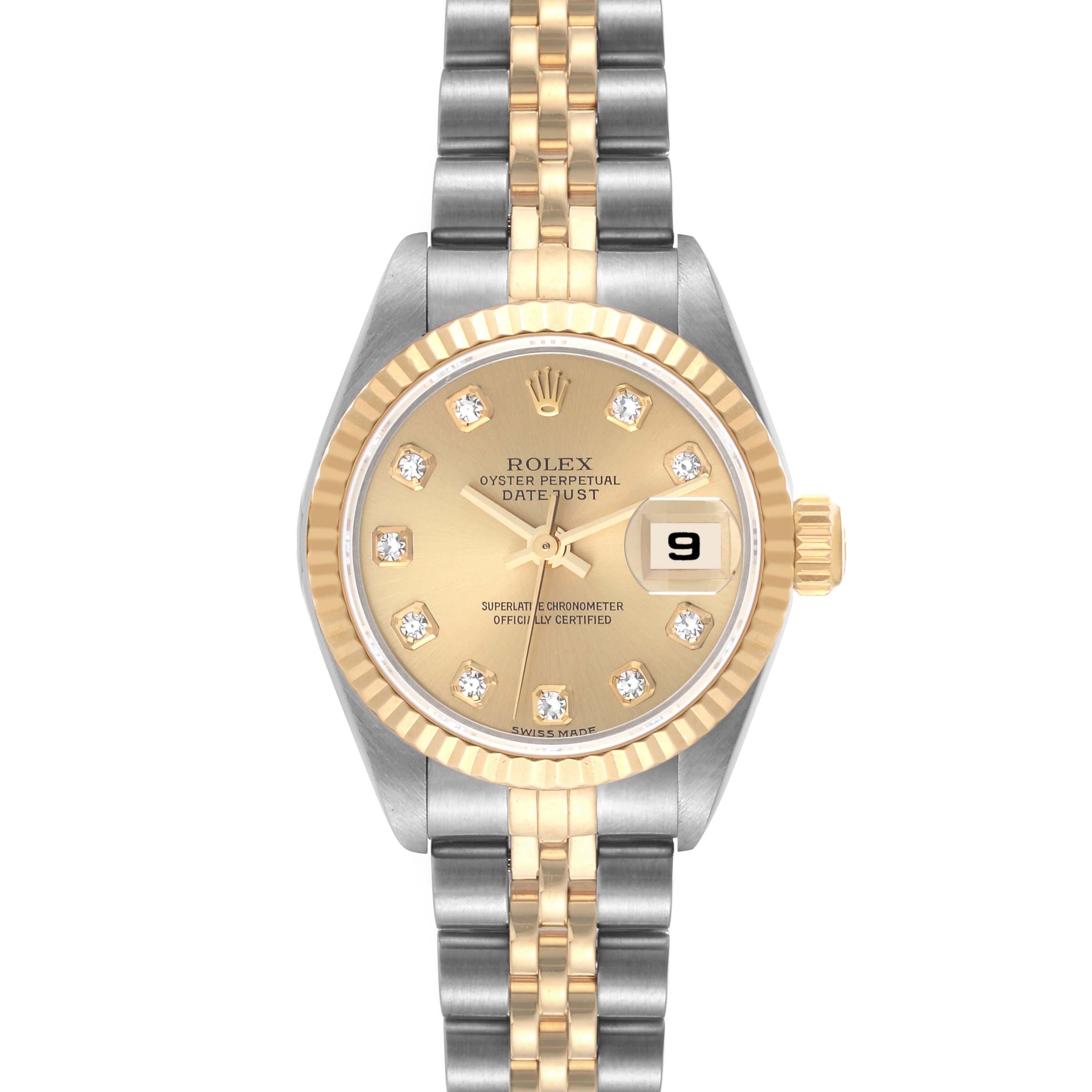 This image shows a front view of the Rolex Datejust 79173 Women's Steel and Gold (two tone) Champagne Dial 79173 Women's Steel and Gold (two tone) Champagne Dial watch, highlighting its dial, bezel, and bracelet.
