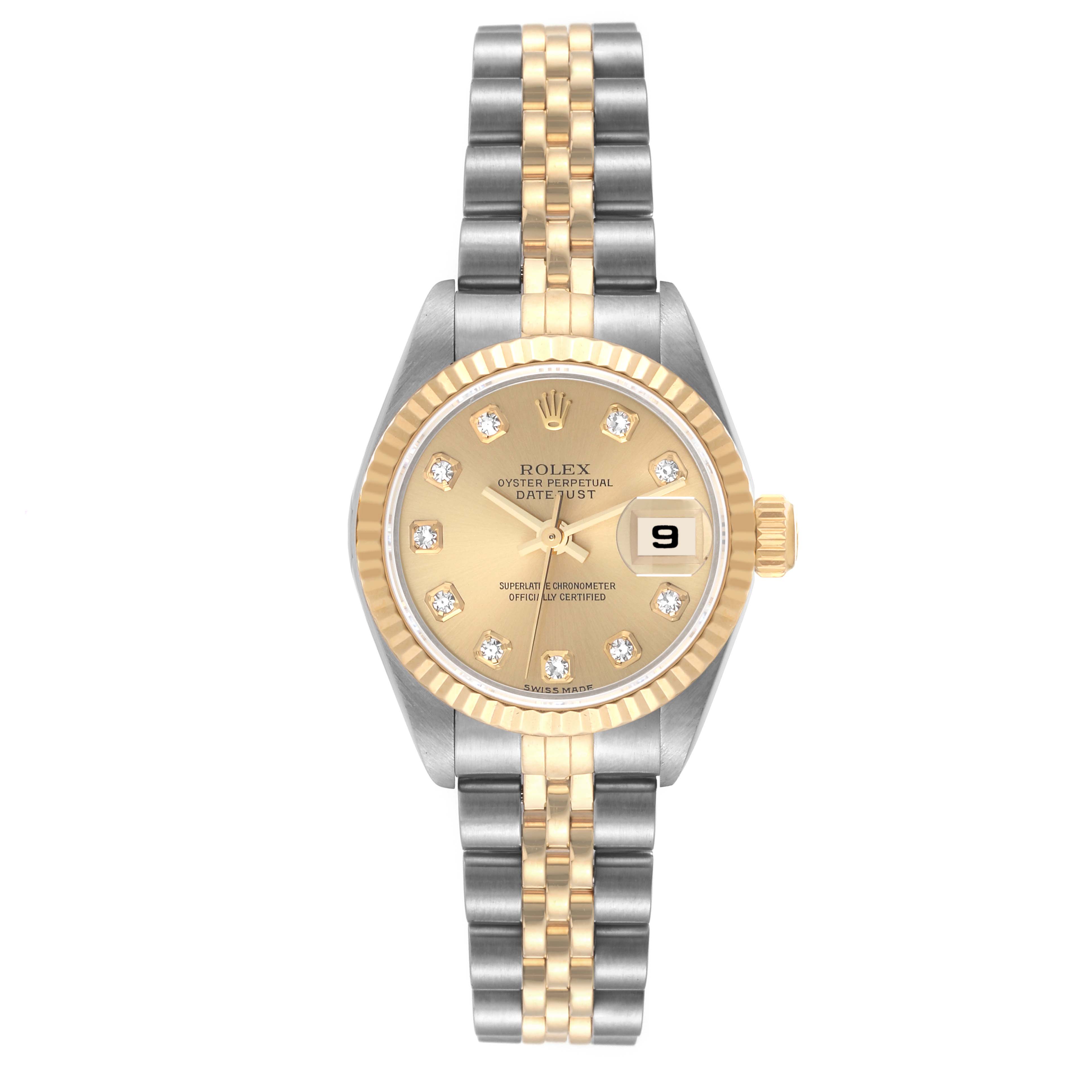 The image shows a front view of a Rolex Datejust 79173 Women's Steel and Gold (two tone) Champagne Dial 79173 Women's Steel and Gold (two tone) Champagne Dial watch, featuring a gold and silver band, gold dial, and date display at 3 o'clock.