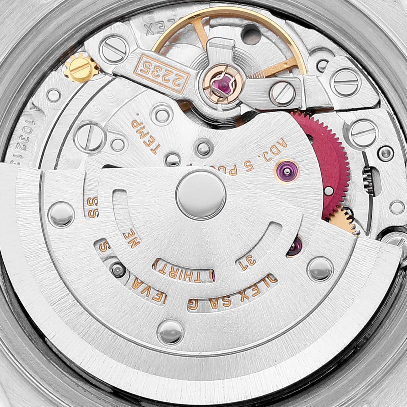 The image shows a close-up view of the movement mechanism of a Rolex Datejust 79173 Women's Steel and Gold (two tone) Champagne Dial 79173 Women's Steel and Gold (two tone) Champagne Dial watch.
