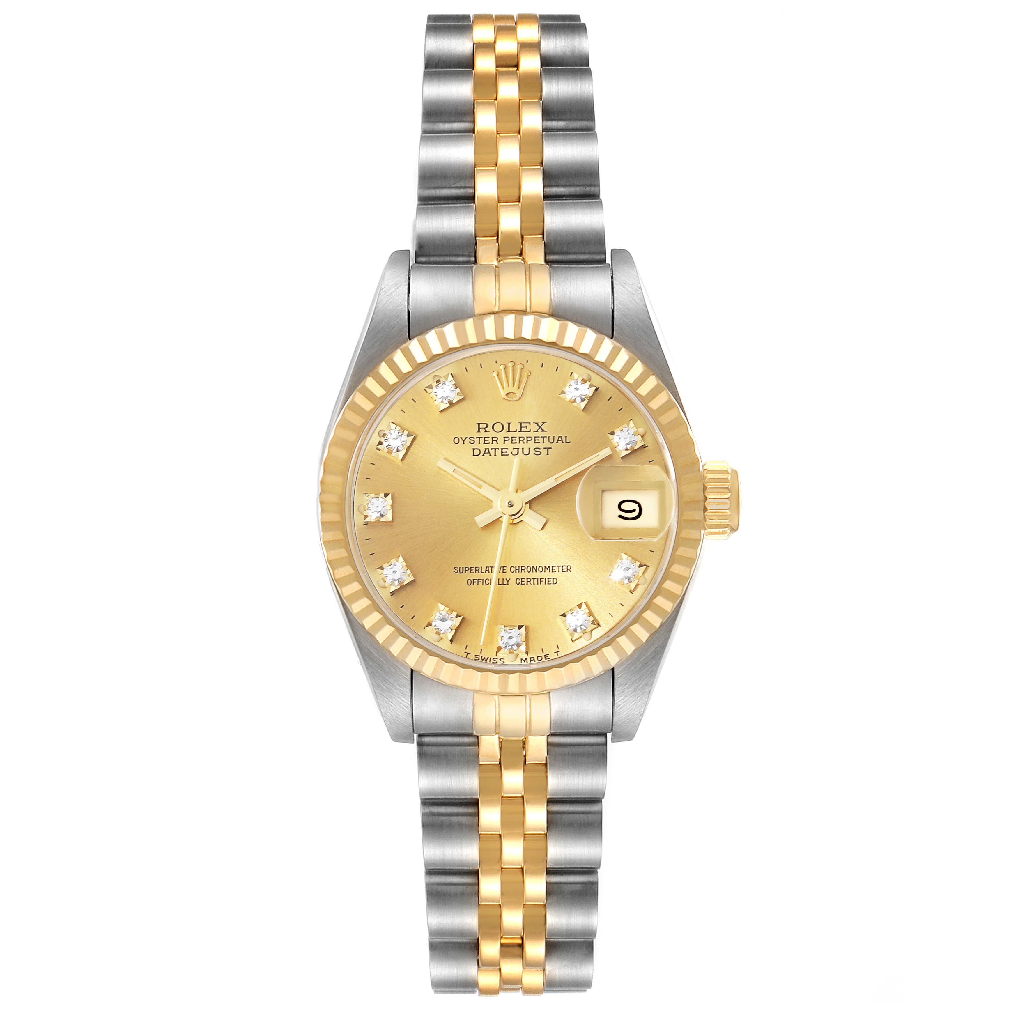 The image shows a Rolex Datejust 69173 Women's Steel and Gold (two tone) Champagne Dial 69173 Women's Steel and Gold (two tone) Champagne Dial watch from a frontal angle, highlighting the face, dial, bracelet, and bezel.