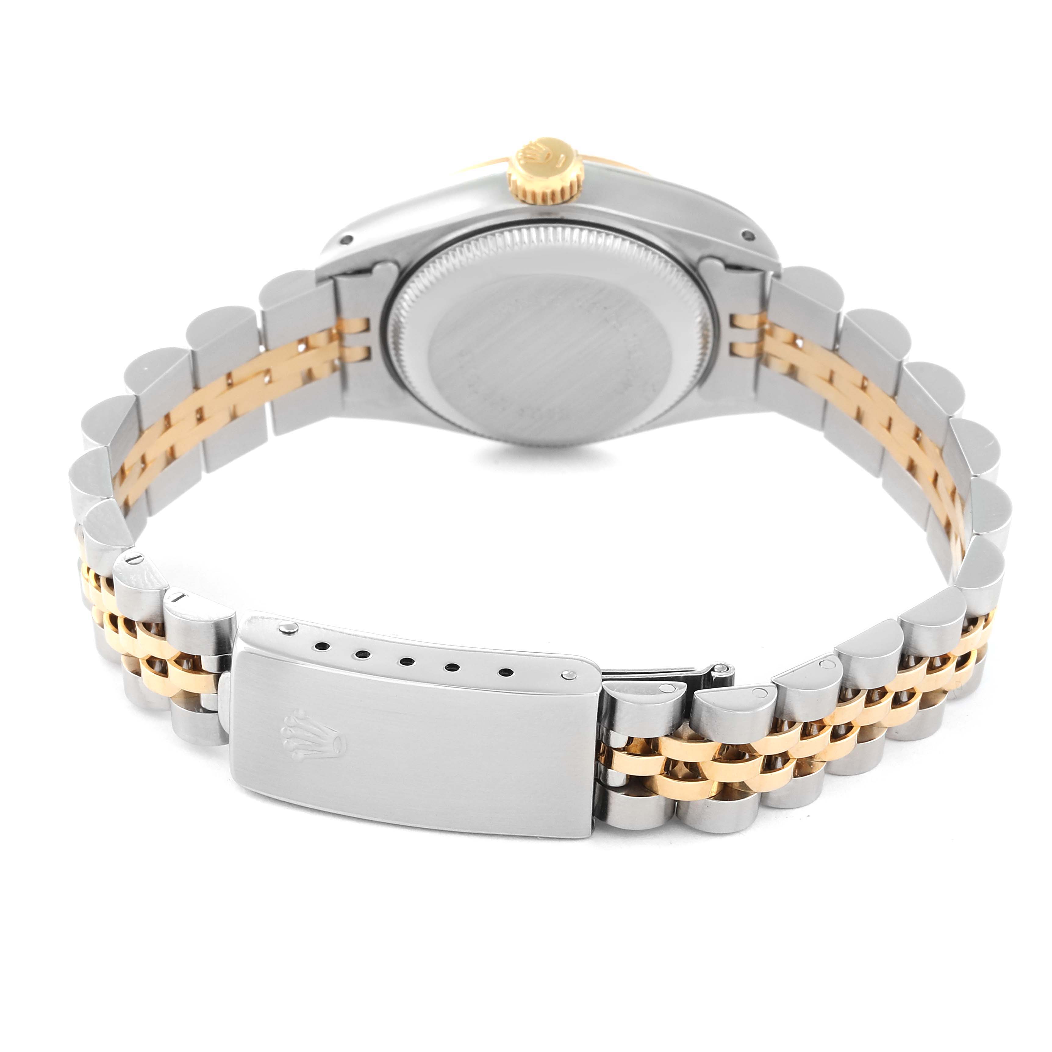 The image shows the back view of a Rolex Datejust 69173 Women's Steel and Gold (two tone) Champagne Dial 69173 Women's Steel and Gold (two tone) Champagne Dial watch, highlighting the case back, crown, and two-tone bracelet with clasp.