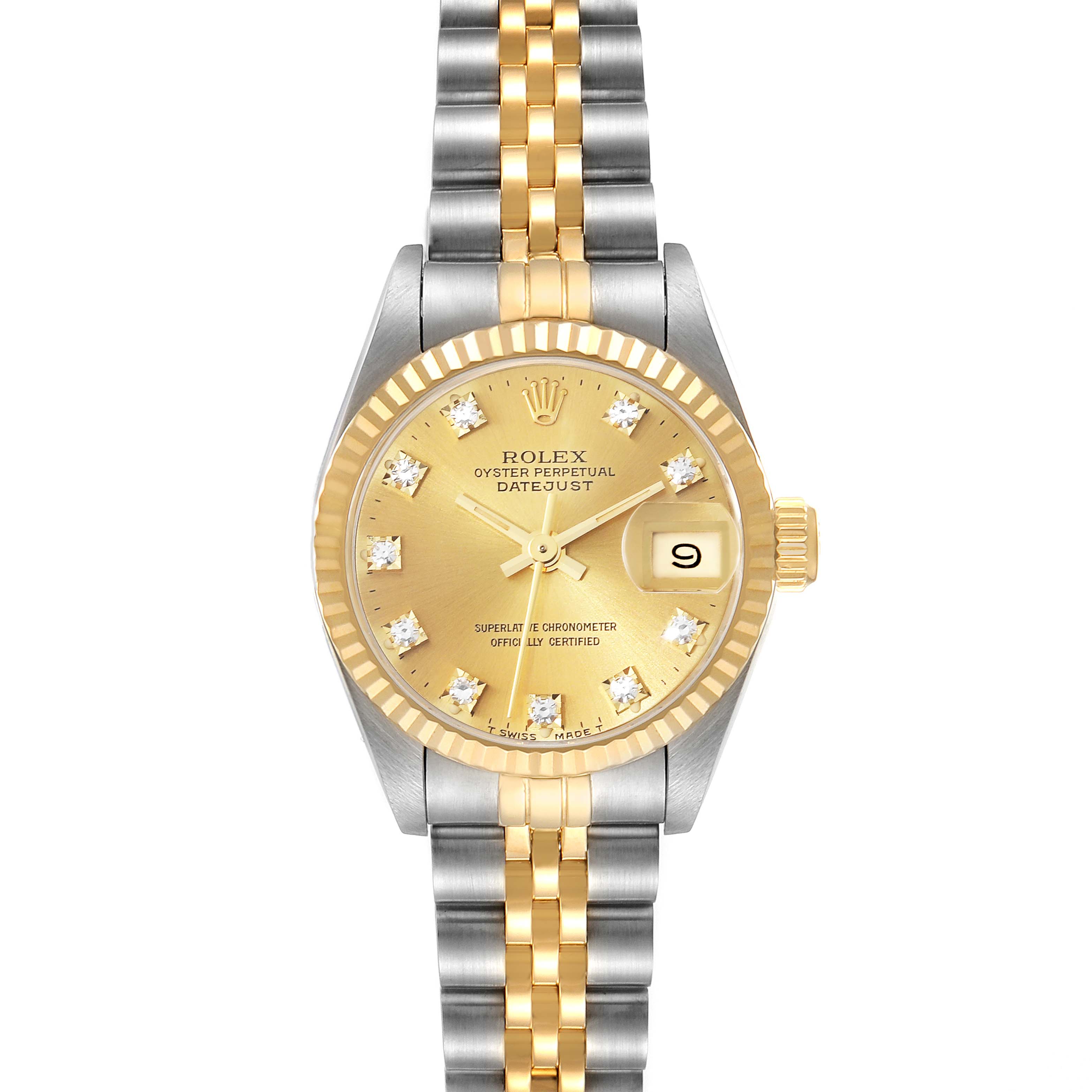 The Rolex Datejust 69173 Women's Steel and Gold (two tone) Champagne Dial 69173 Women's Steel and Gold (two tone) Champagne Dial watch is shown from a front angle, displaying the dial, hands, date window, and bracelet.