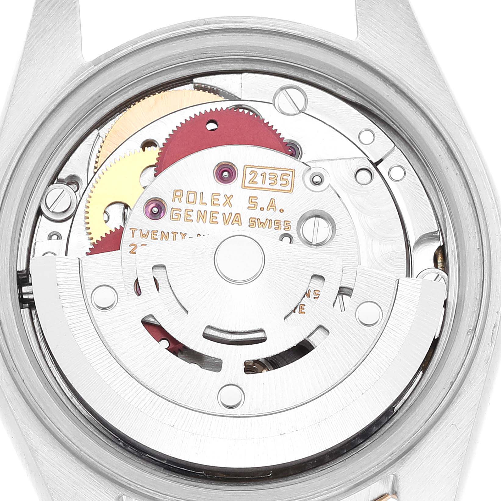 This image shows a close-up view of the movement mechanism of a Rolex Datejust 69173 Women's Steel and Gold (two tone) Champagne Dial 69173 Women's Steel and Gold (two tone) Champagne Dial watch.