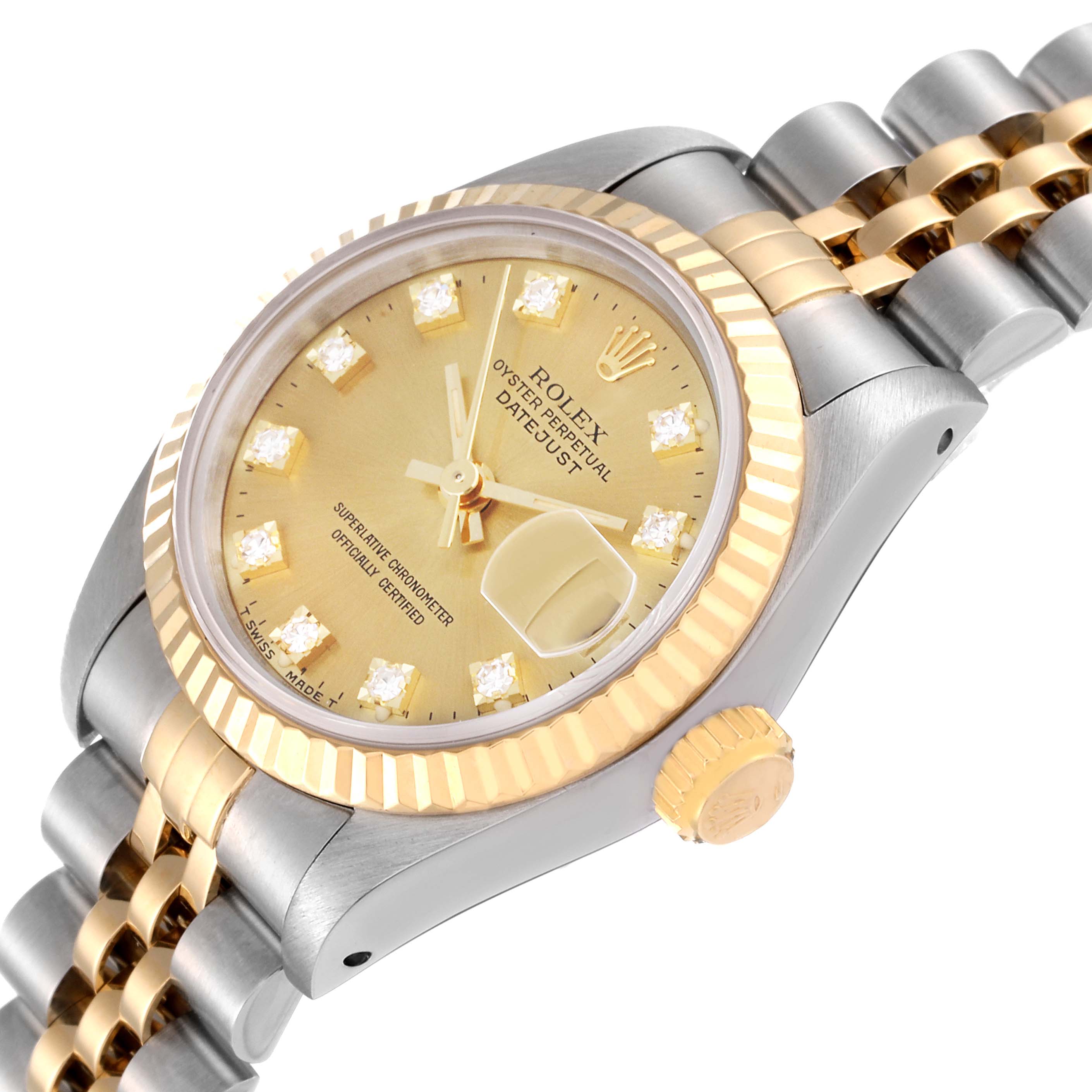 This image shows a close-up, angled view of a Rolex Datejust 69173 Women's Steel and Gold (two tone) Champagne Dial 69173 Women's Steel and Gold (two tone) Champagne Dial watch, highlighting the dial, bezel, and part of the bracelet.