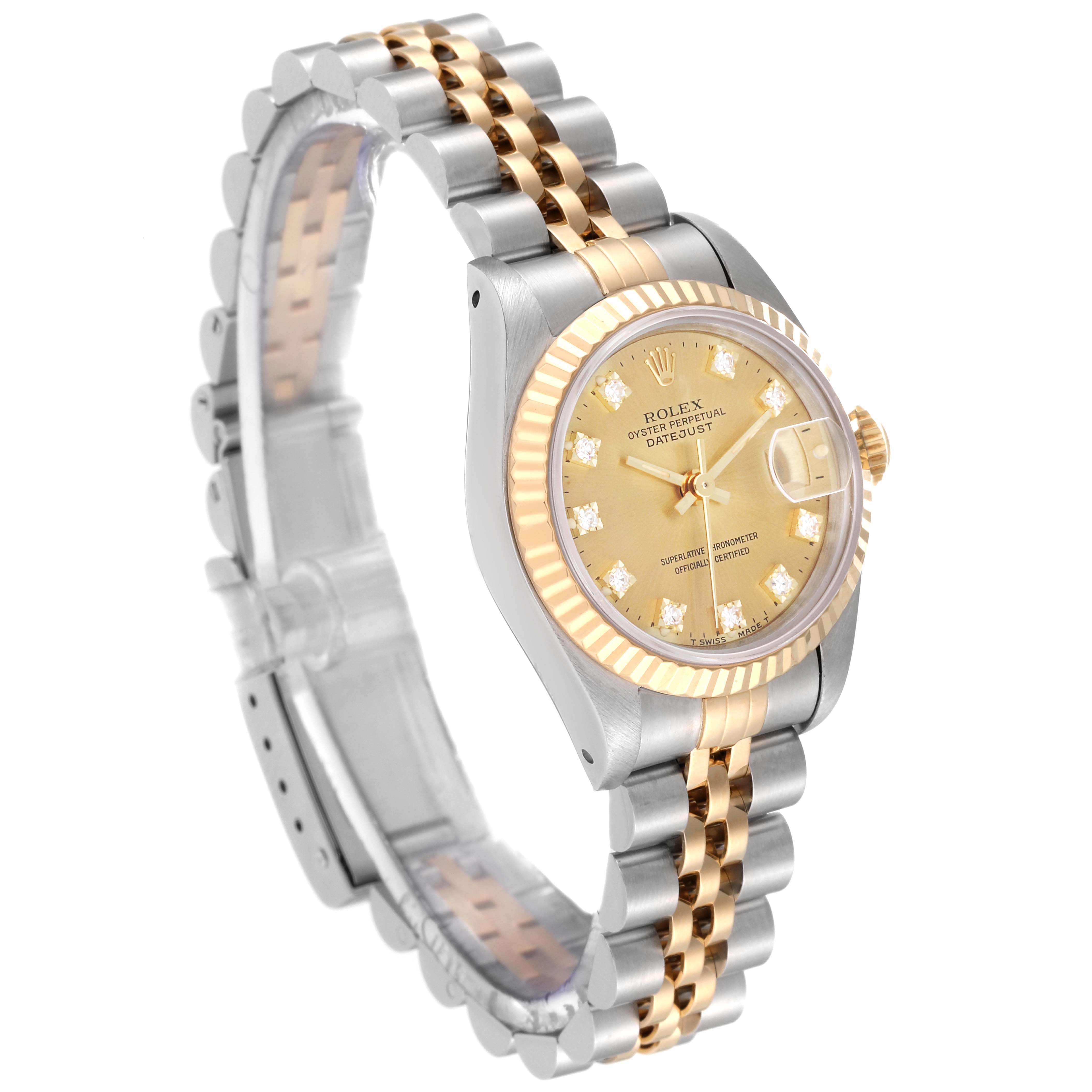This Rolex Datejust 69173 Women's Steel and Gold (two tone) Champagne Dial 69173 Women's Steel and Gold (two tone) Champagne Dial watch is shown at a slight side angle, highlighting the face, bezel, and two-tone bracelet.