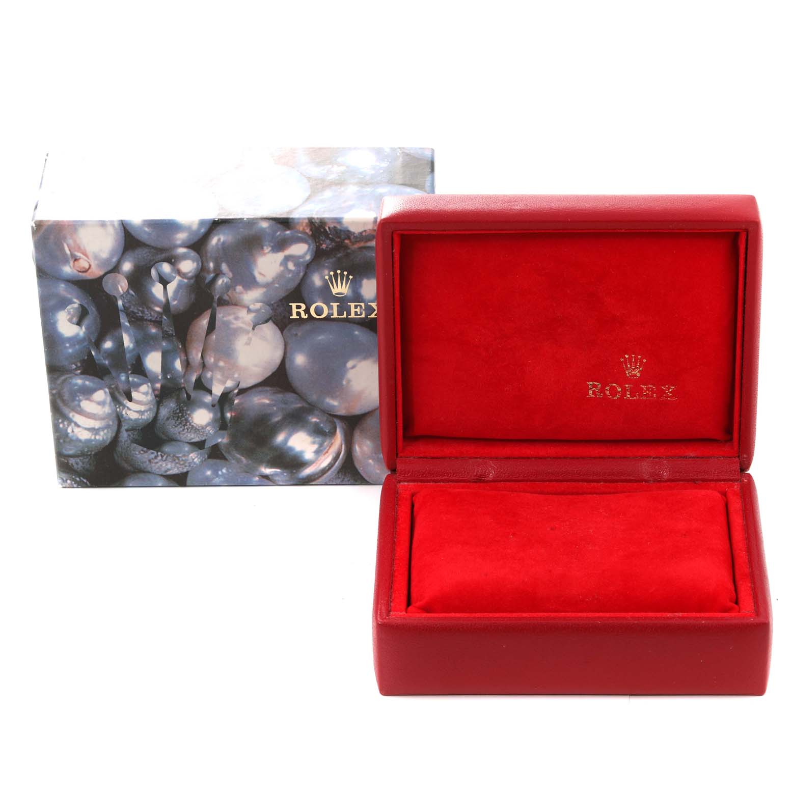 This image shows an open red Rolex watch box and its packaging, designed for the Datejust model.