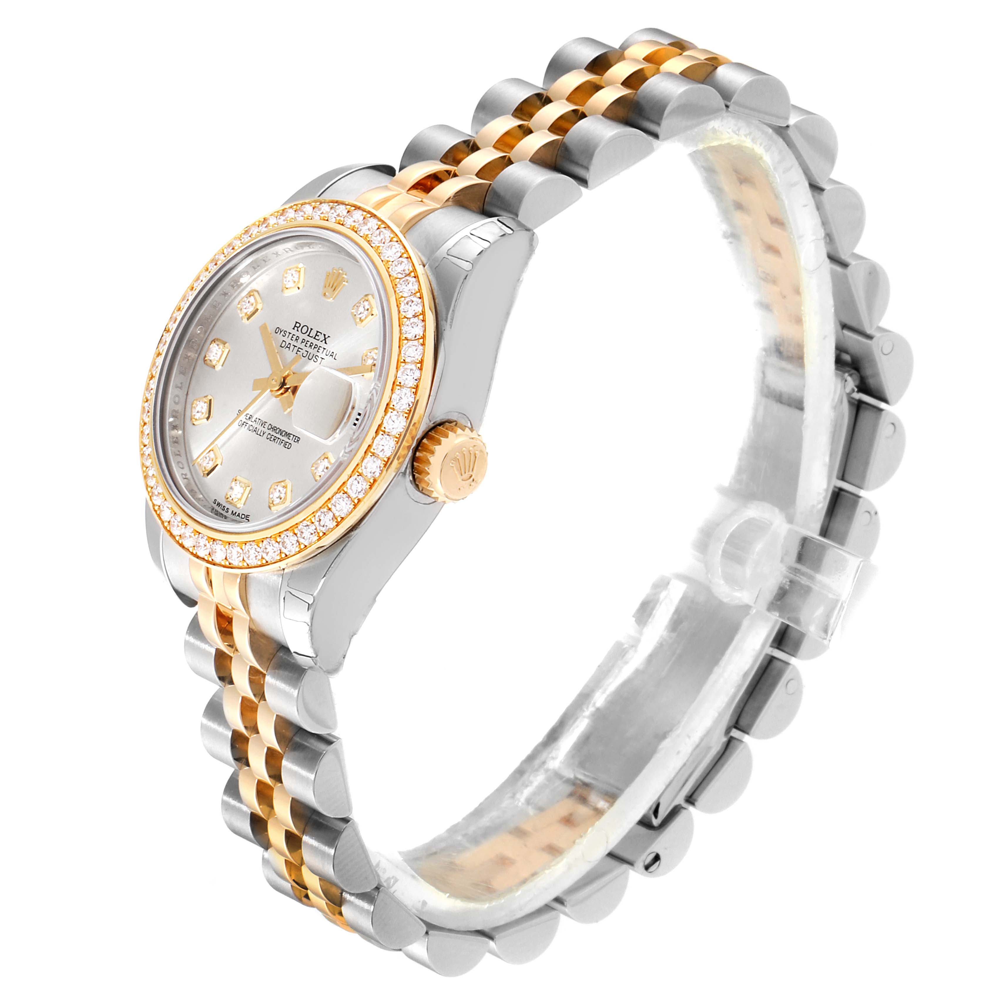This image shows the Rolex Datejust 179383 Women
s Steel and Gold (two tone) Silver Dial 179383 Women
s Steel and Gold (two tone) Silver Dial watch at an angle highlighting its face, bezel, crown, and two-tone bracelet.