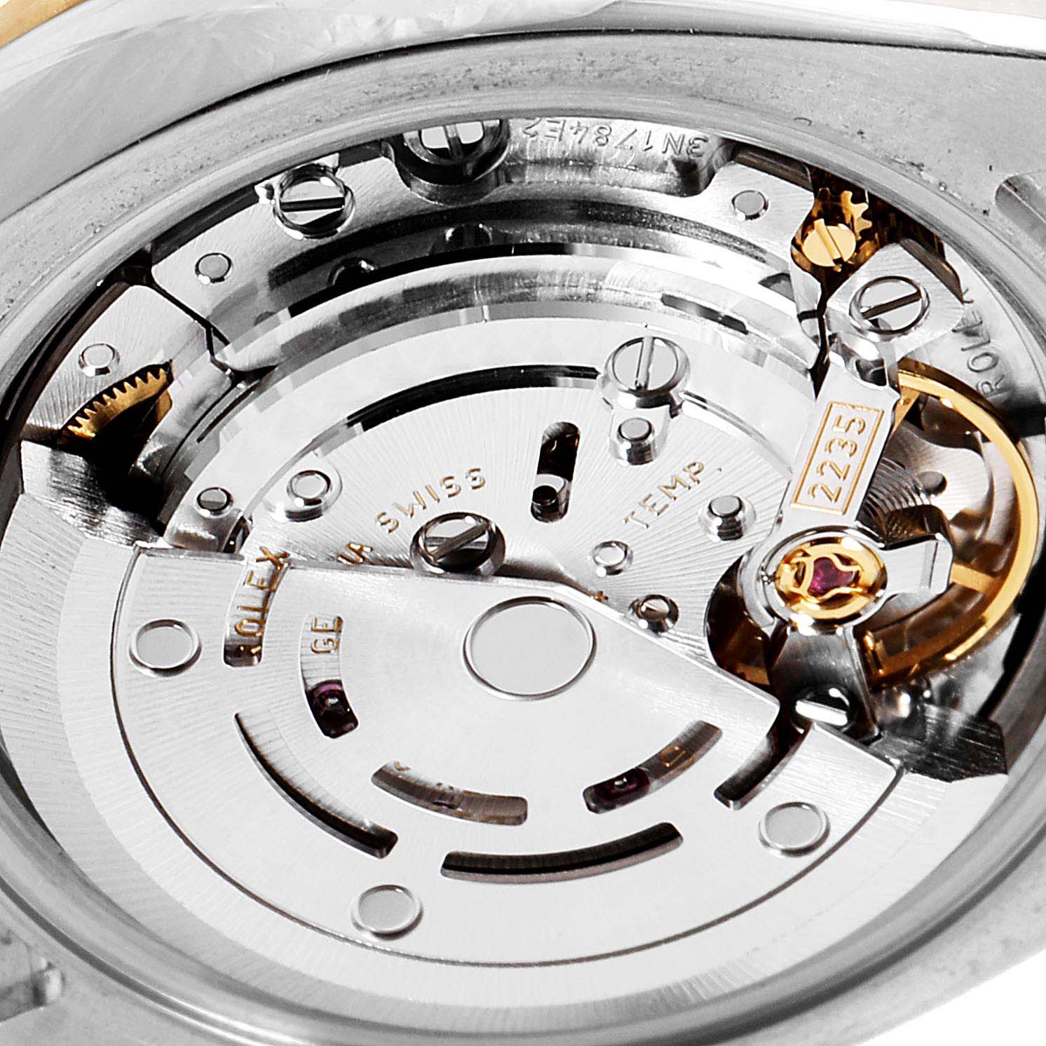 The image shows a close-up of the movement mechanism of a Rolex Datejust 179383 Women
s Steel and Gold (two tone) Silver Dial 179383 Women
s Steel and Gold (two tone) Silver Dial watch.