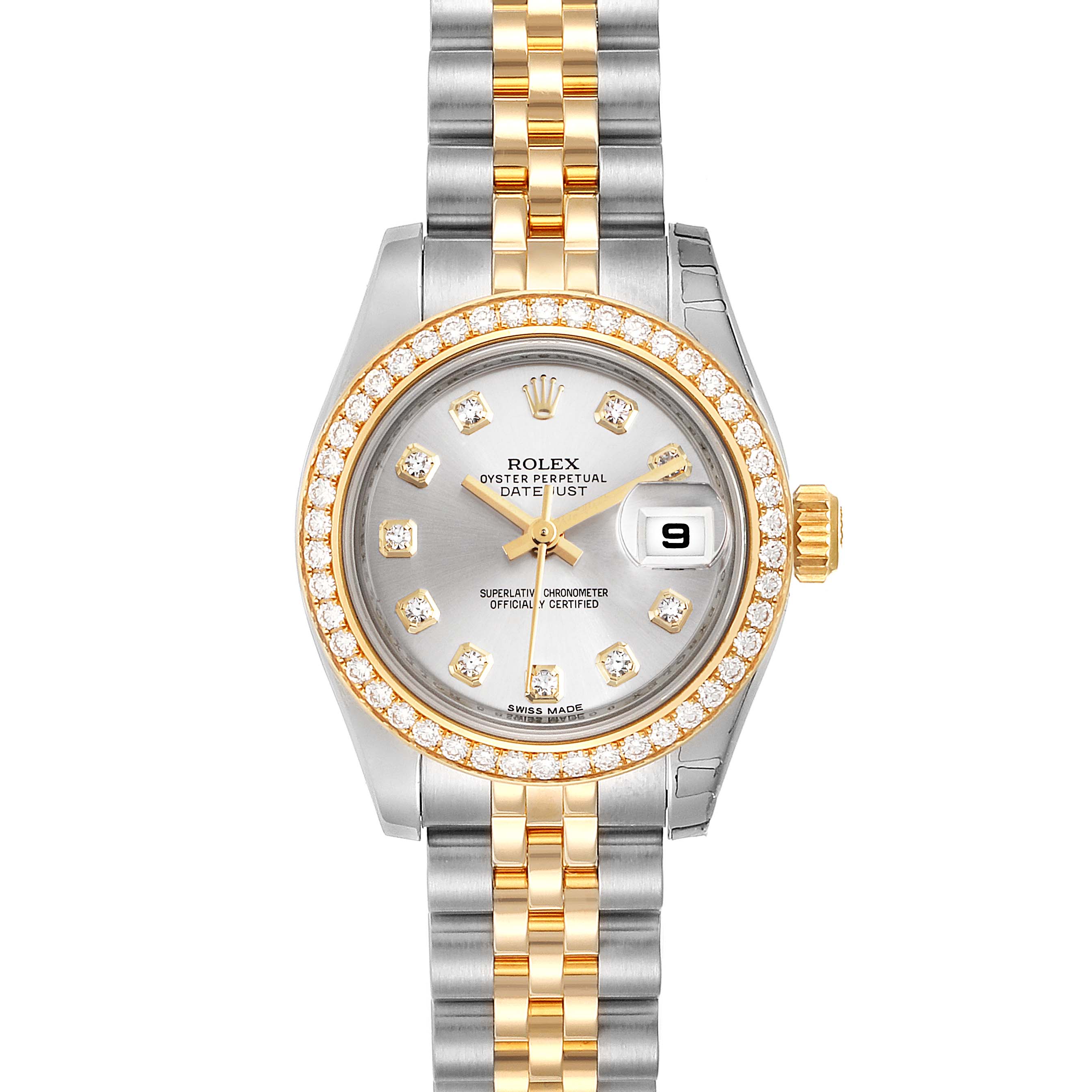 The image shows a front view of a Rolex Datejust 179383 Women
s Steel and Gold (two tone) Silver Dial 179383 Women
s Steel and Gold (two tone) Silver Dial watch with a gold and silver bracelet, diamond bezel, and date display.