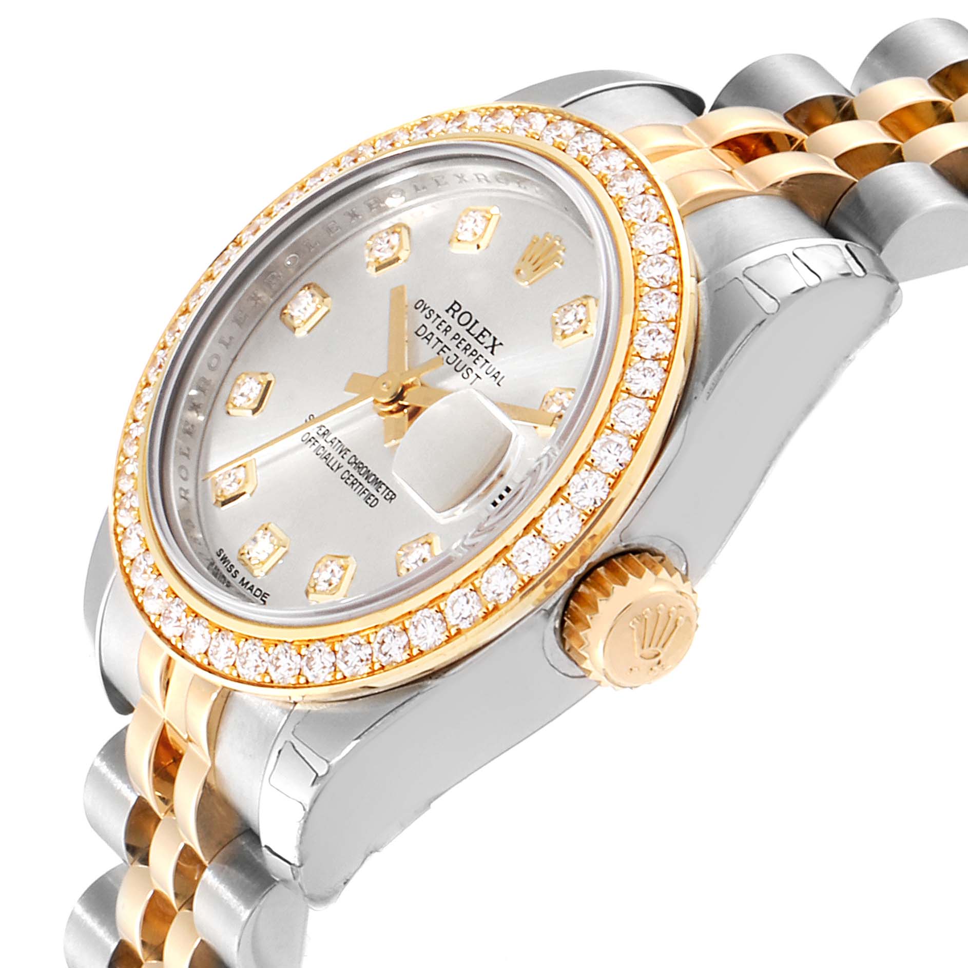The image shows a Rolex Datejust 179383 Women
s Steel and Gold (two tone) Silver Dial 179383 Women
s Steel and Gold (two tone) Silver Dial watch at an oblique angle highlighting the dial, bezel, and part of the two-tone bracelet.