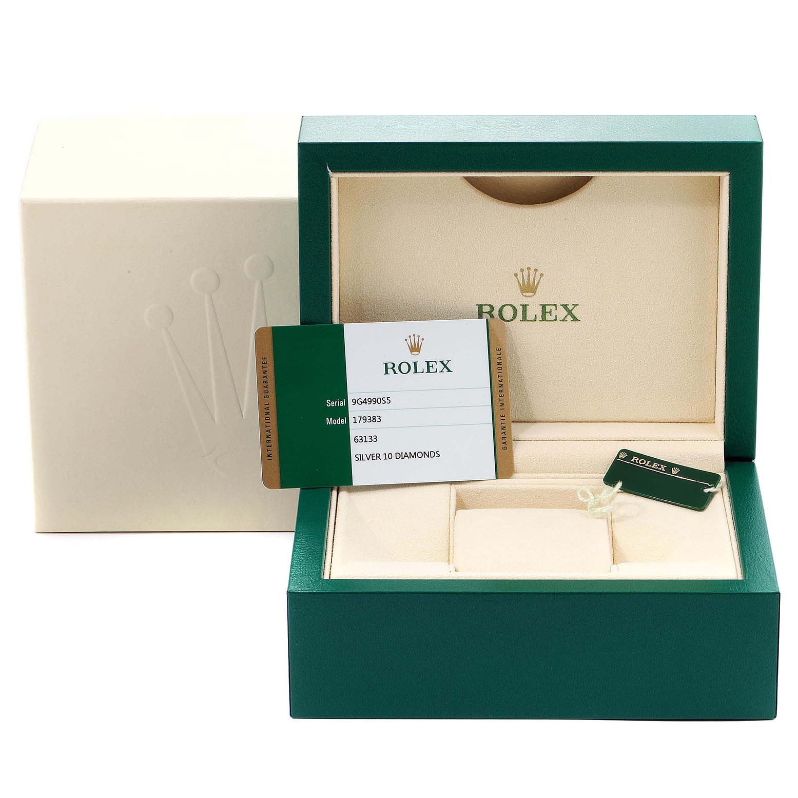 The image shows an open Rolex Datejust 179383 Women
s Steel and Gold (two tone) Silver Dial 179383 Women
s Steel and Gold (two tone) Silver Dial watch box with a warranty card and tag, viewed from the front.