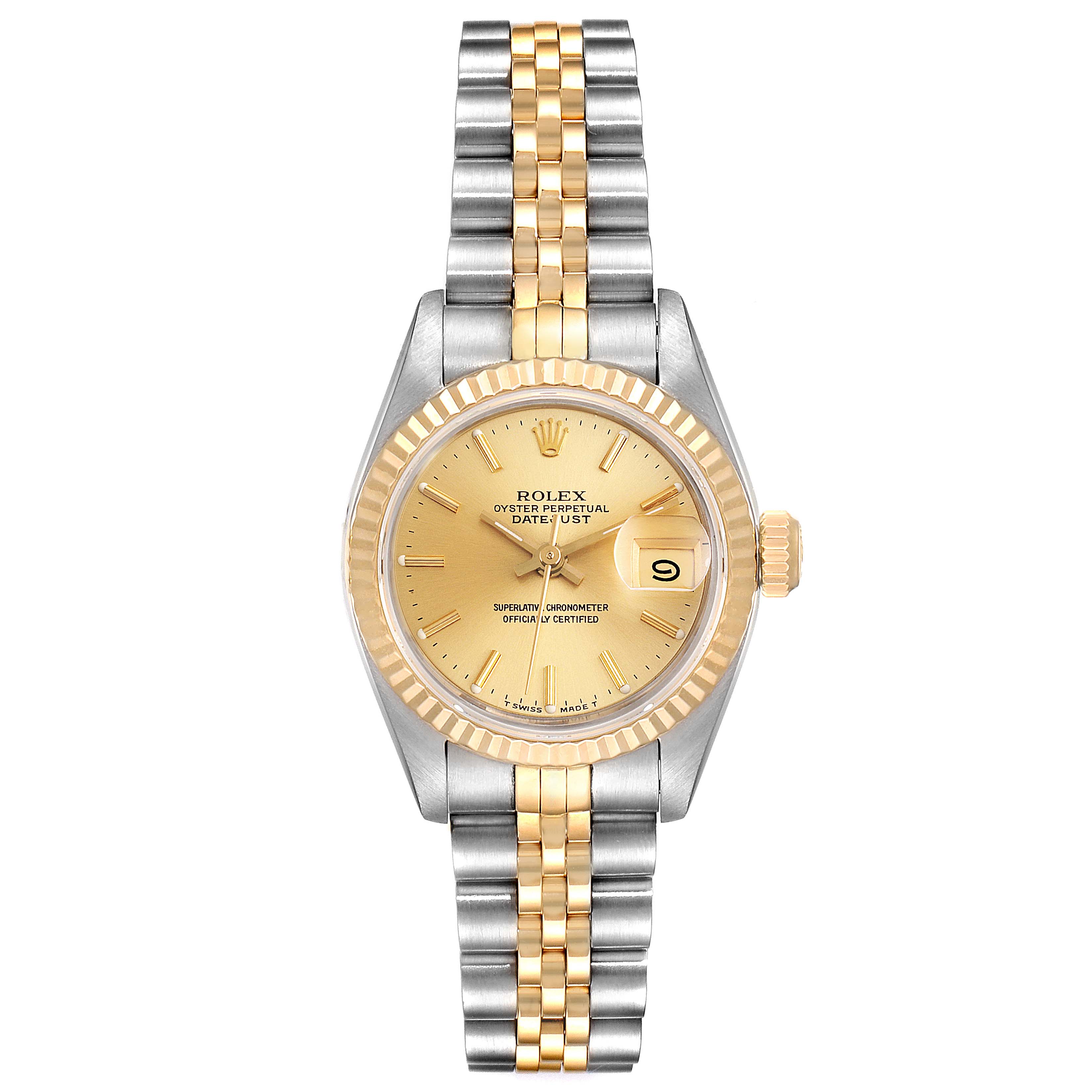 The image shows a Rolex Datejust 69173 Women
s Steel and Gold (two tone) Champagne Dial 69173 Women
s Steel and Gold (two tone) Champagne Dial watch from a top-down angle, highlighting its dial, bezel, crown, and two-tone bracelet.