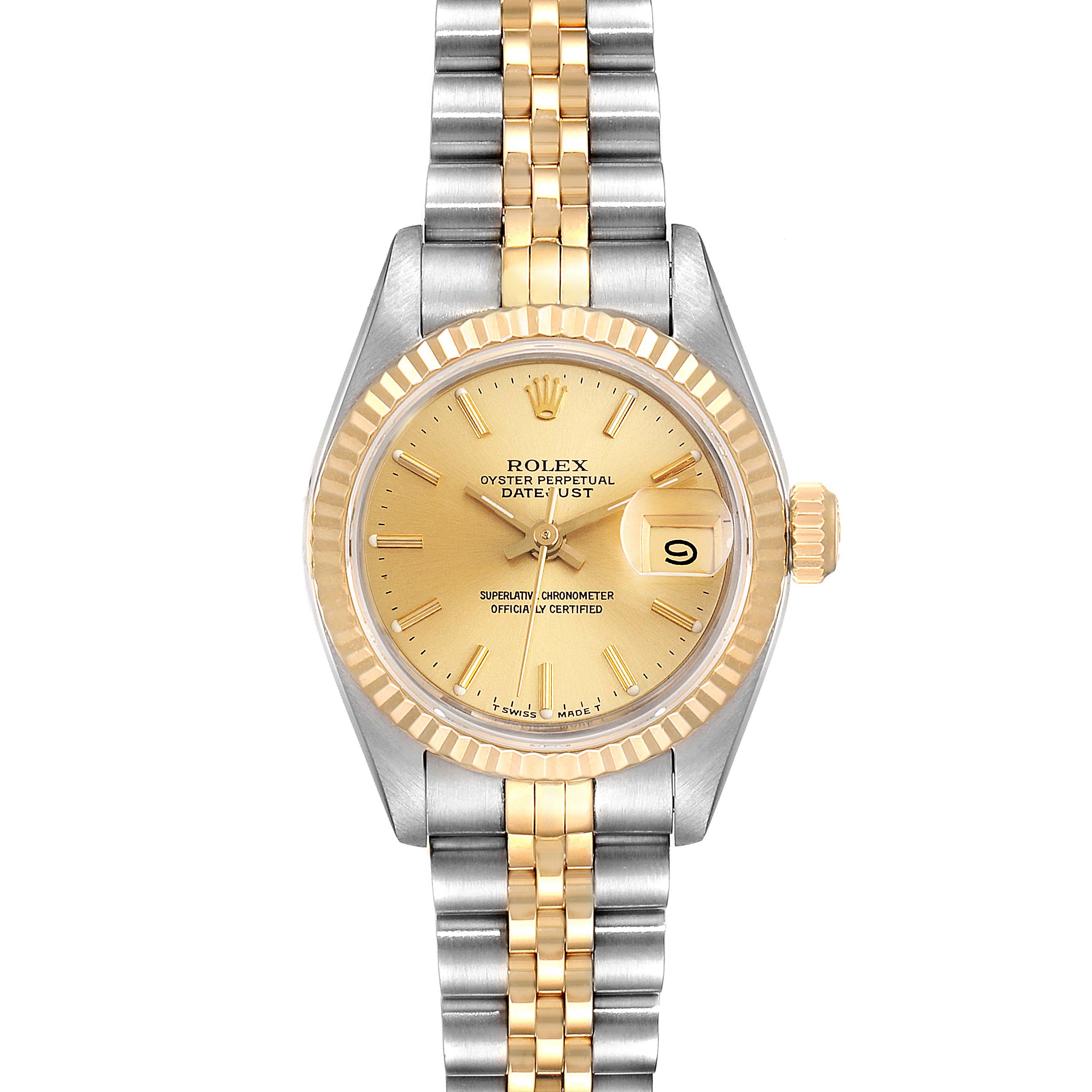 This image shows a gold and silver Rolex Datejust 69173 Women
s Steel and Gold (two tone) Champagne Dial 69173 Women
s Steel and Gold (two tone) Champagne Dial watch from a top-down angle, highlighting the dial, bezel, and bracelet.