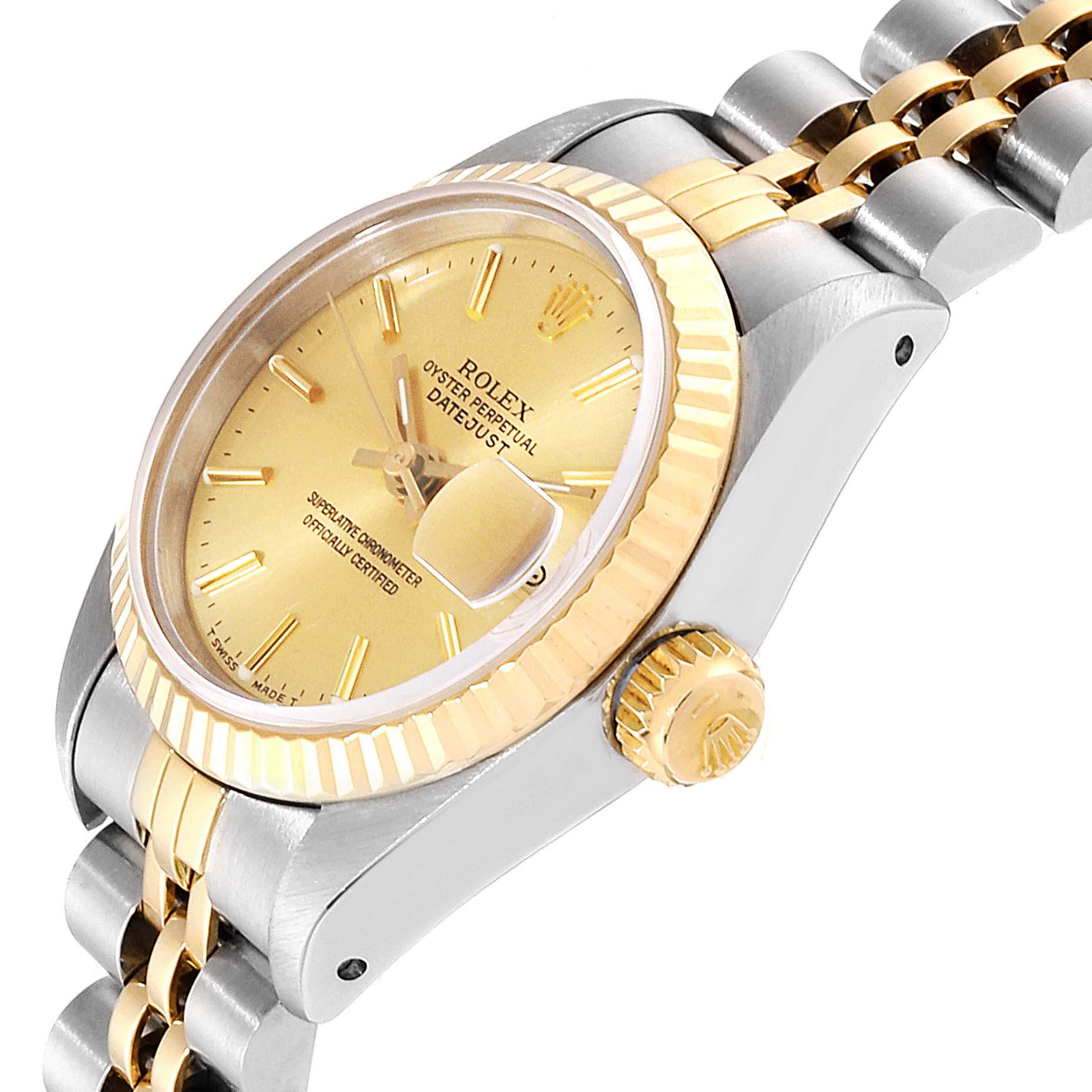 The Rolex Datejust 69173 Women
s Steel and Gold (two tone) Champagne Dial 69173 Women
s Steel and Gold (two tone) Champagne Dial watch is shown at an oblique angle, highlighting the crown, bezel, and part of the bracelet.