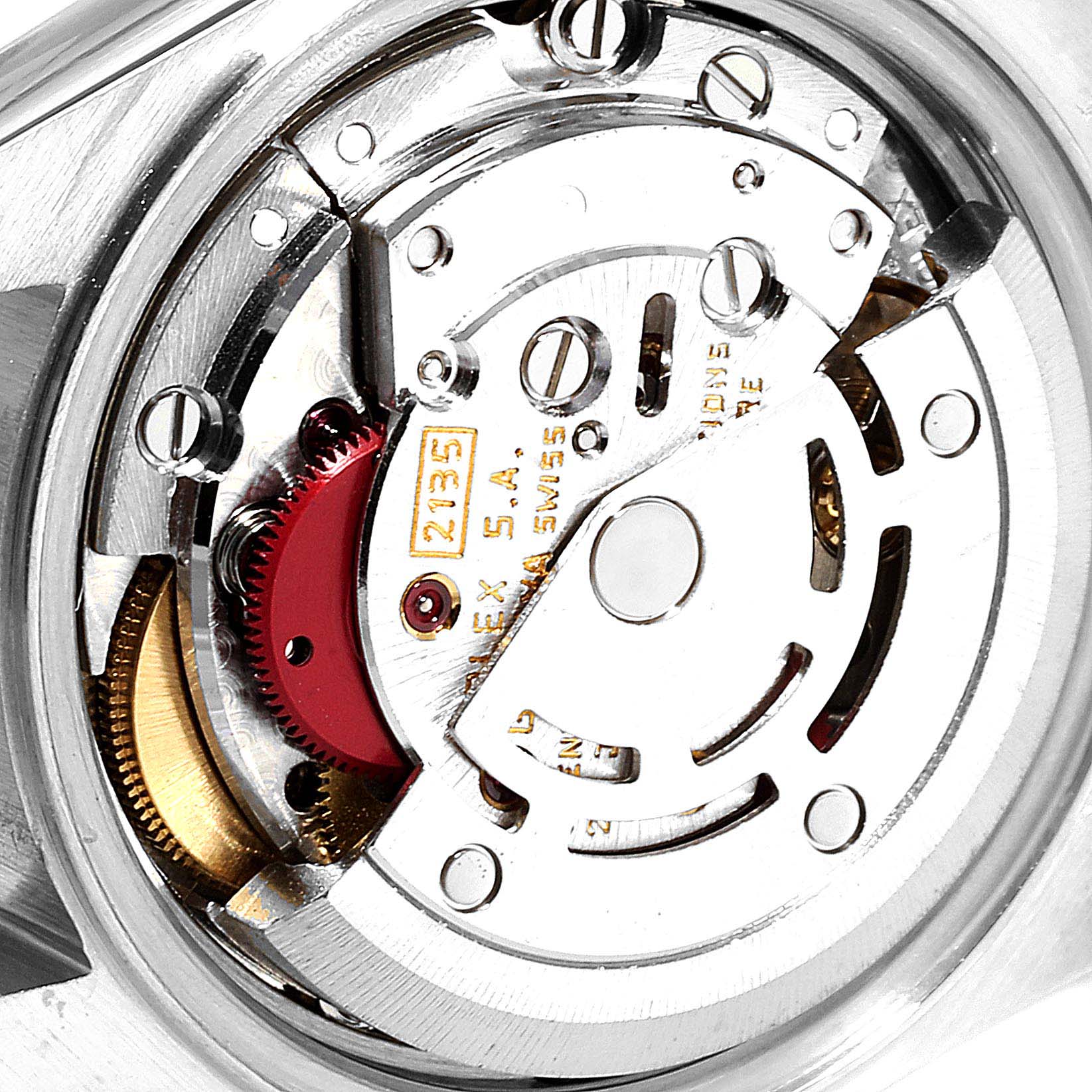 The image shows the movement mechanism of a Rolex Datejust 69173 Women
s Steel and Gold (two tone) Champagne Dial 69173 Women
s Steel and Gold (two tone) Champagne Dial watch from a top-down angle.