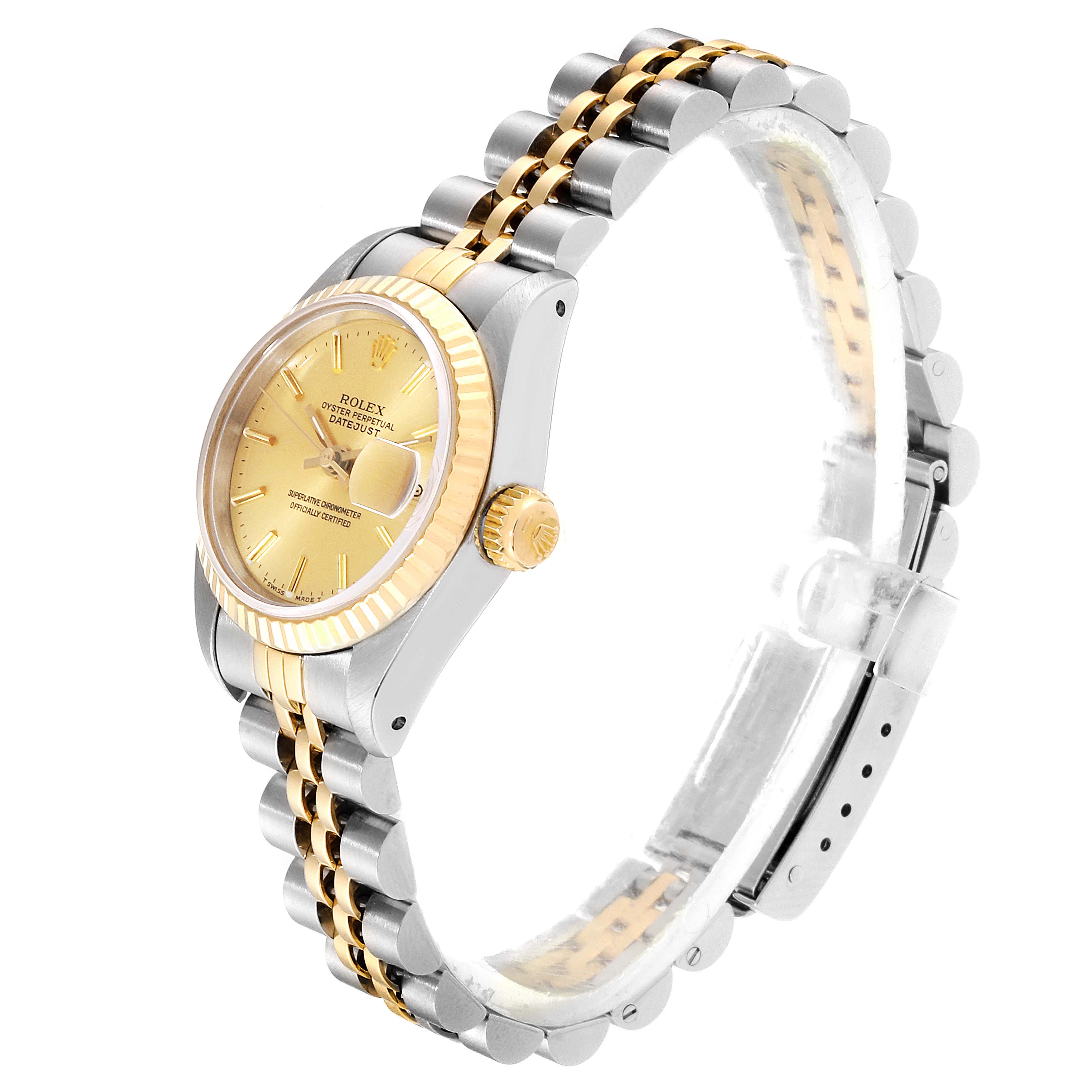 The image shows a Rolex Datejust 69173 Women
s Steel and Gold (two tone) Champagne Dial 69173 Women
s Steel and Gold (two tone) Champagne Dial watch at a three-quarter angle, highlighting the gold dial, fluted bezel, and two-tone bracelet.