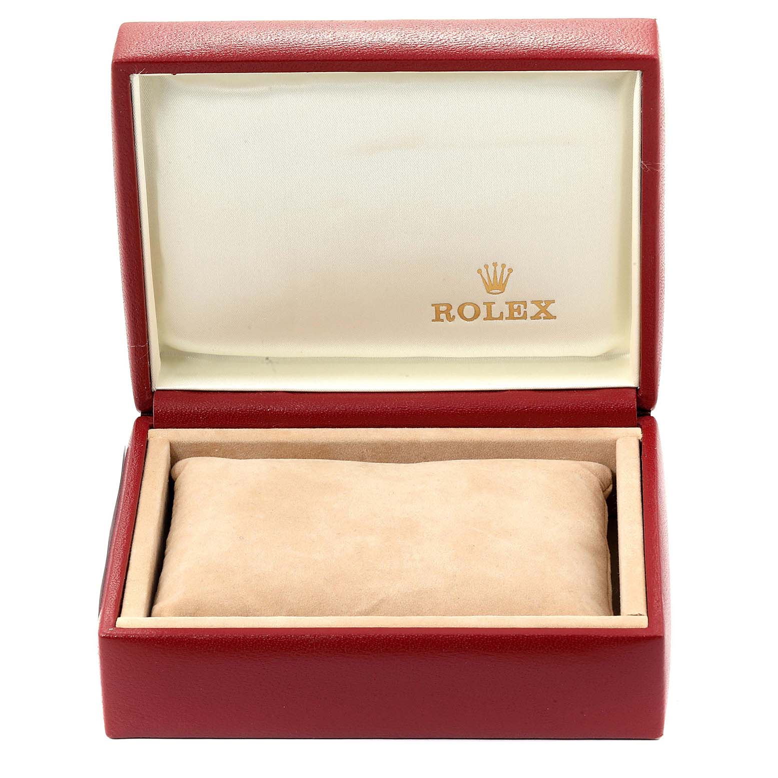 The image shows a Rolex Datejust 69173 Women
s Steel and Gold (two tone) Champagne Dial 69173 Women
s Steel and Gold (two tone) Champagne Dial watch box, open, with a cushion inside.