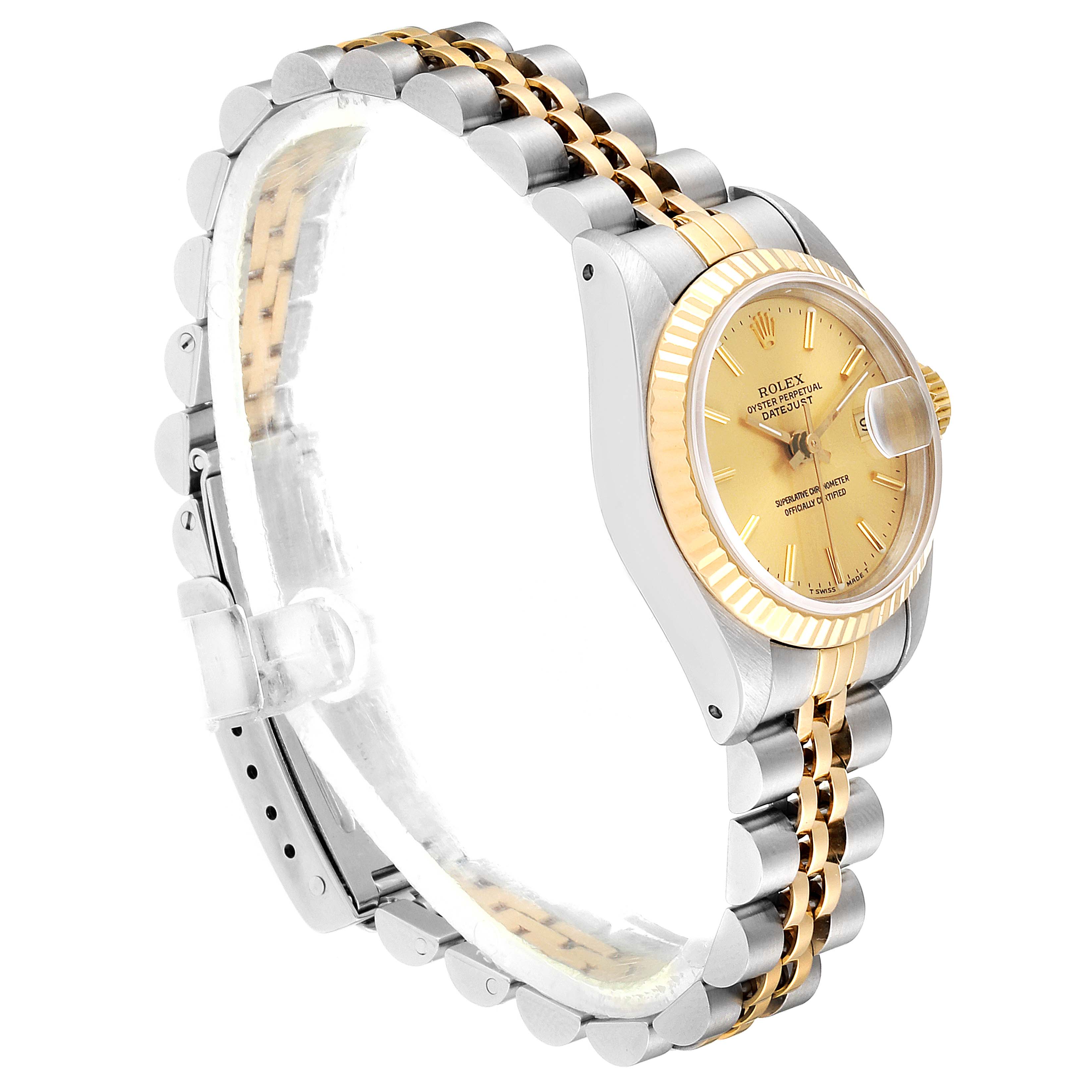 The image shows a side view of a Rolex Datejust 69173 Women
s Steel and Gold (two tone) Champagne Dial 69173 Women
s Steel and Gold (two tone) Champagne Dial watch, highlighting its champagne dial and two-tone Jubilee bracelet.