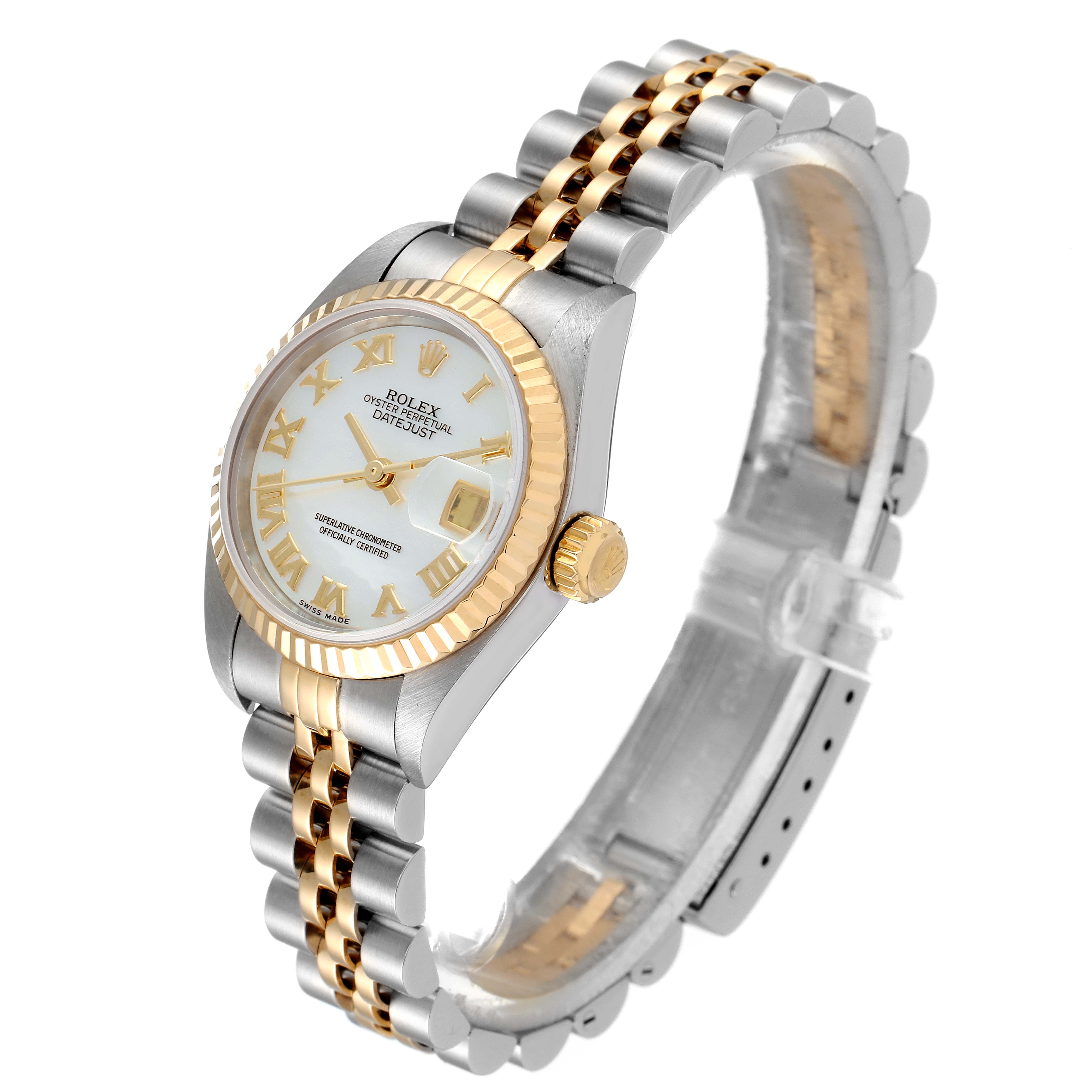 This image shows a Rolex Datejust 79173 Women's Steel and Gold (two tone) Mother of Pearl Dial 79173 Women's Steel and Gold (two tone) Mother of Pearl Dial watch from a three-quarter angle, highlighting the face, bezel, crown, and bracelet.