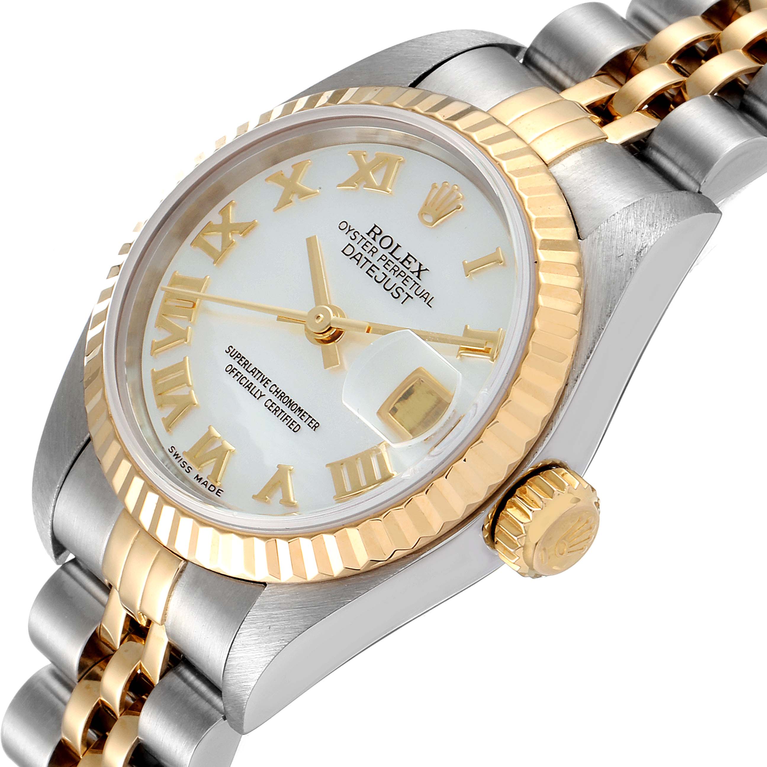 This image shows a side angle of a Rolex Datejust 79173 Women's Steel and Gold (two tone) Mother of Pearl Dial 79173 Women's Steel and Gold (two tone) Mother of Pearl Dial, highlighting the gold bezel, crown, and part of the bracelet.
