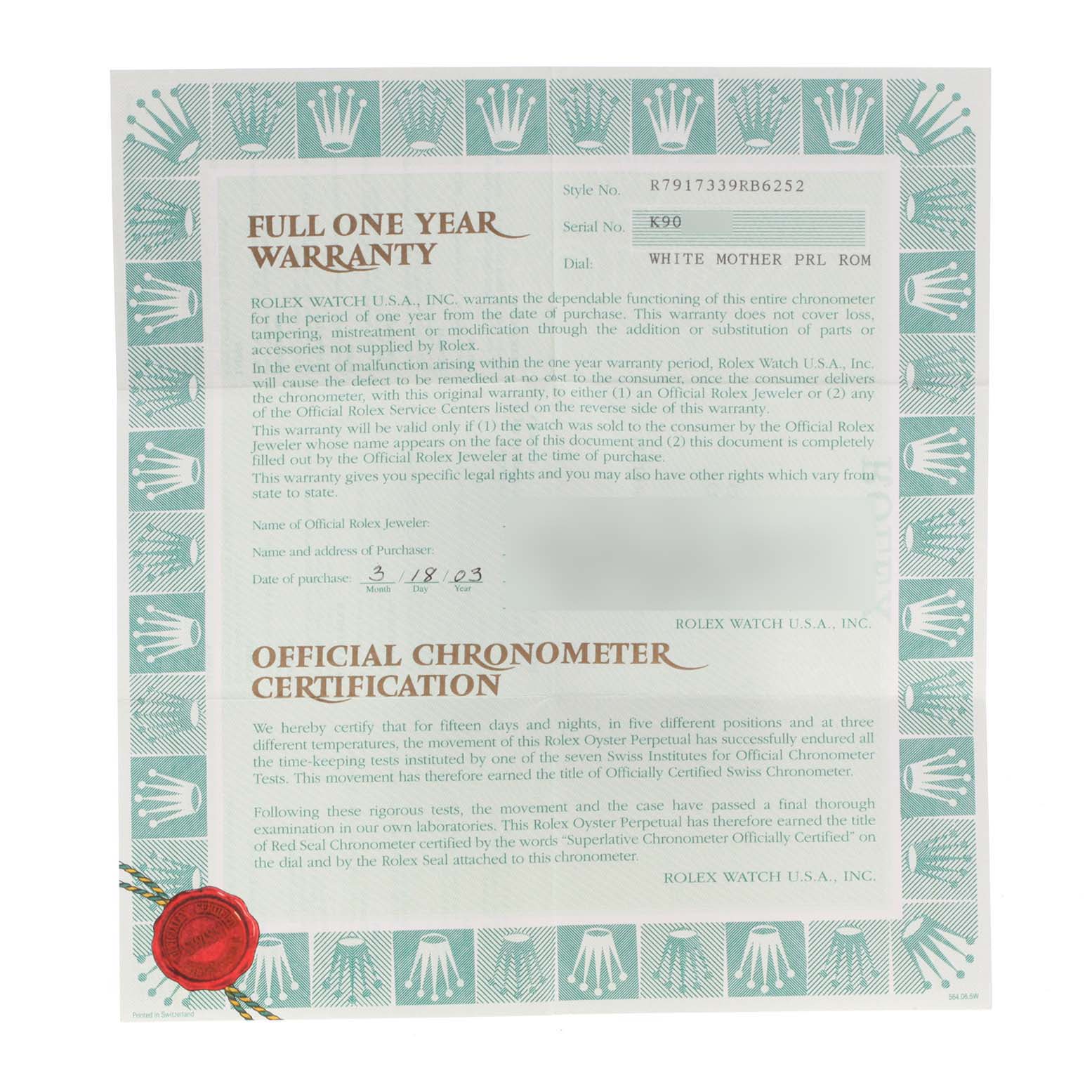 This image shows the warranty and chronometer certification for a Rolex Datejust 79173 Women's Steel and Gold (two tone) Mother of Pearl Dial 79173 Women's Steel and Gold (two tone) Mother of Pearl Dial watch.