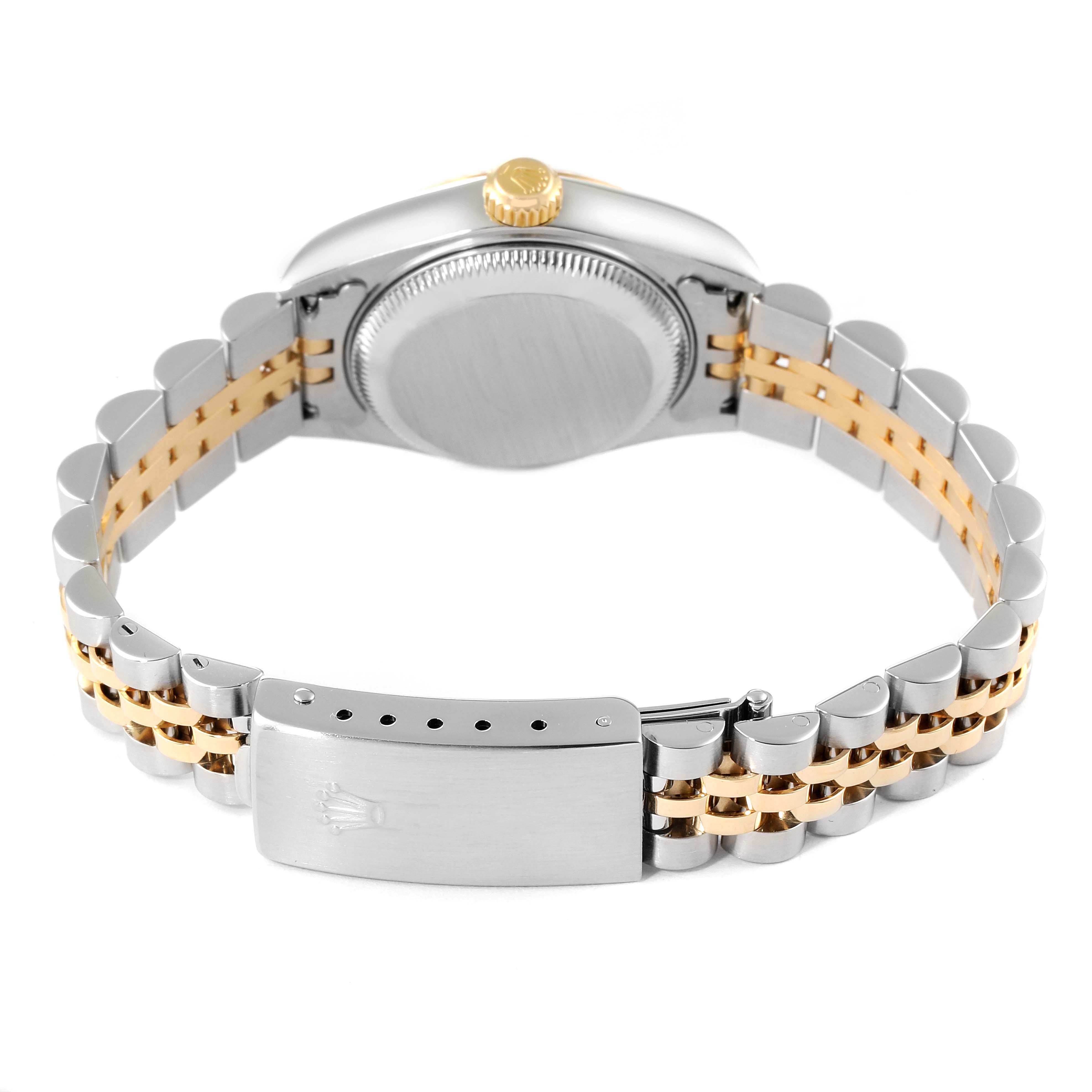 This image shows the back view of a Rolex Datejust 79173 Women's Steel and Gold (two tone) Mother of Pearl Dial 79173 Women's Steel and Gold (two tone) Mother of Pearl Dial watch, highlighting the clasp and bracelet in two-tone metal.