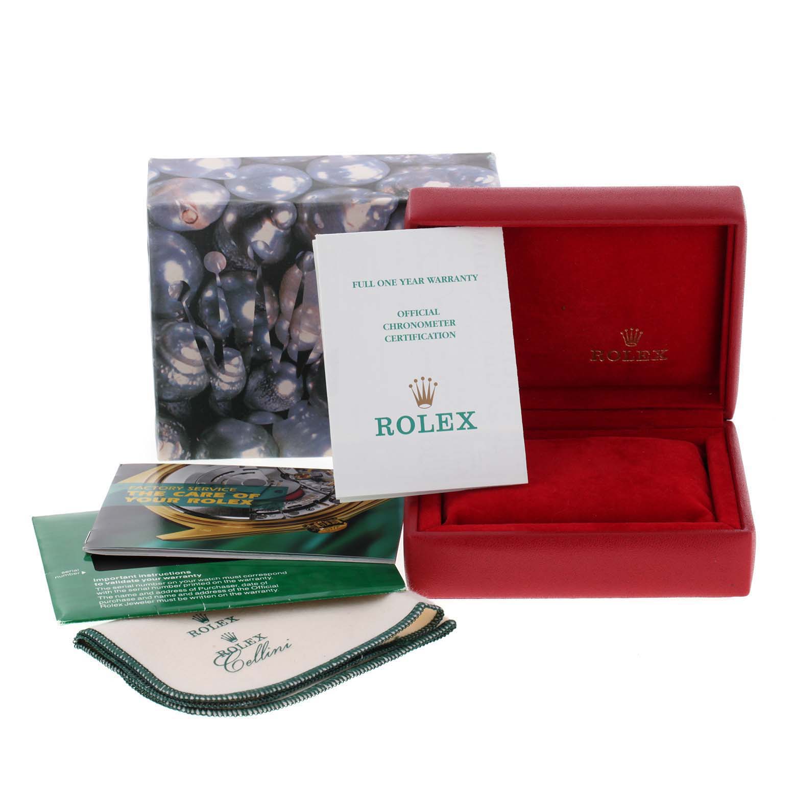 The image shows a Rolex Datejust 79173 Women's Steel and Gold (two tone) Mother of Pearl Dial 79173 Women's Steel and Gold (two tone) Mother of Pearl Dial watch box, warranty card, cleaning cloth, instruction manual, and outer box from a front angle.