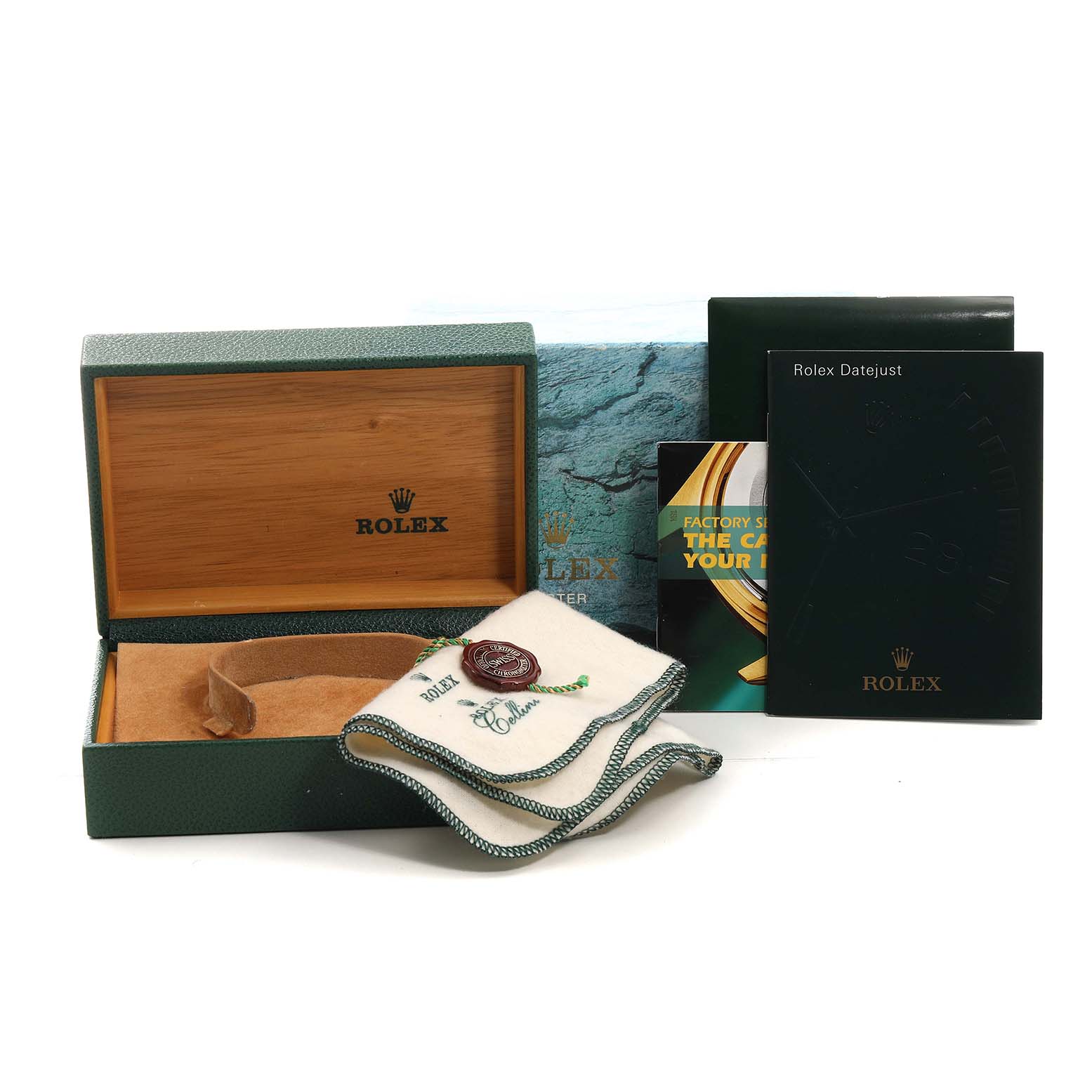 The image shows the opened box, manuals, tag, and cloth for a Rolex Datejust 16203 Men's Steel and Gold (two tone) Silver Dial.