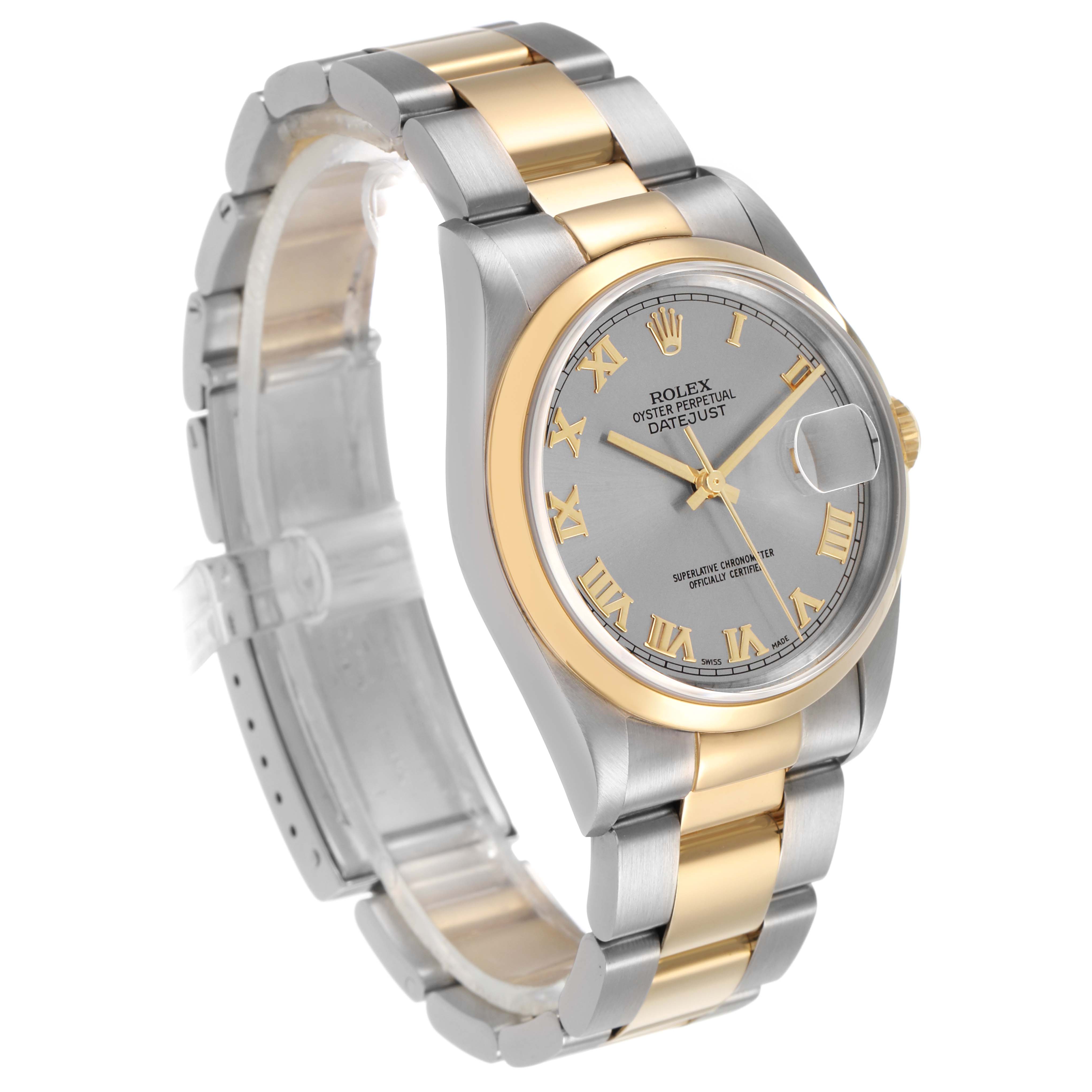 The Rolex Datejust 16203 Men's Steel and Gold (two tone) Silver Dial watch is shown at a slight angle, displaying its dial, bezel, crown, and bracelet links.