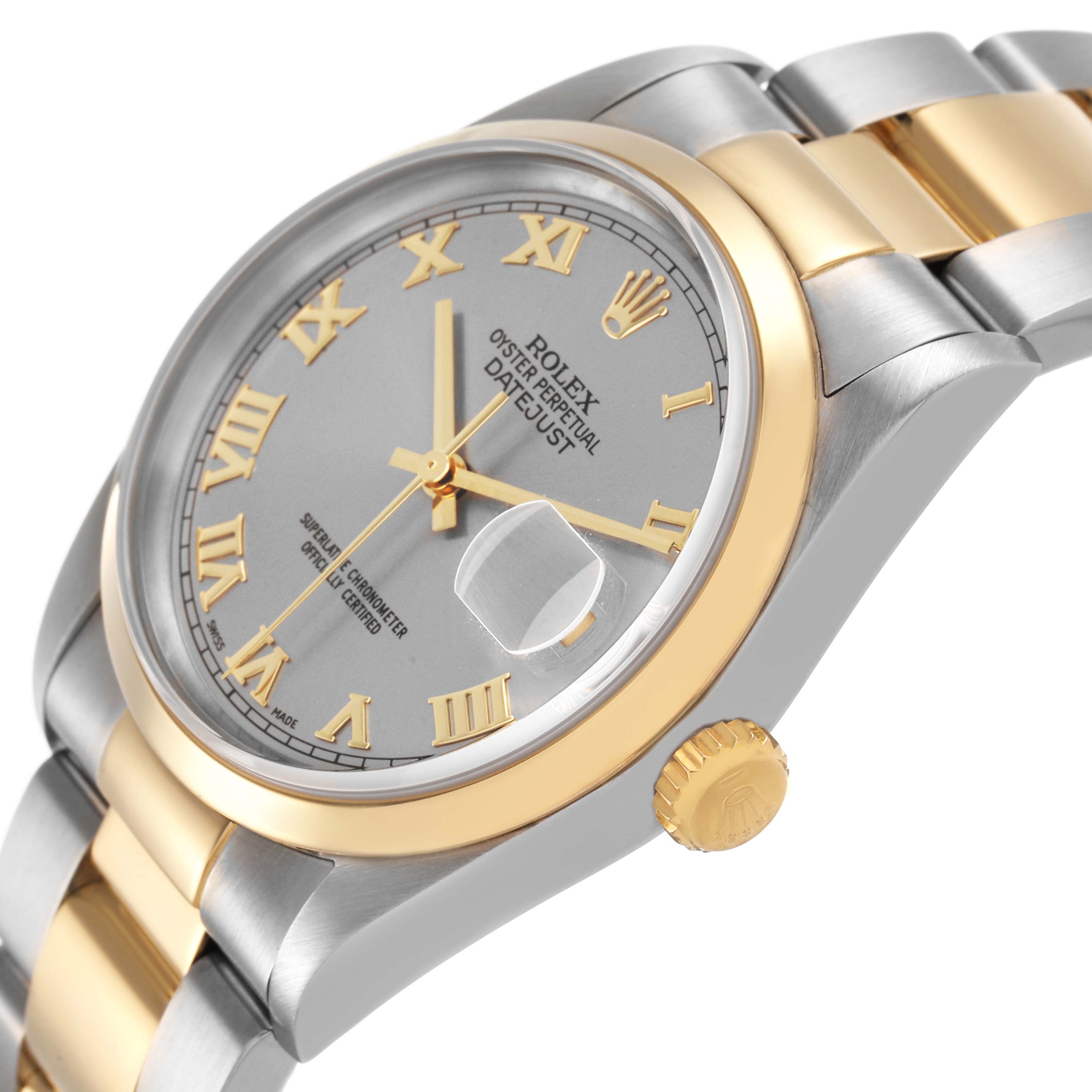The Rolex Datejust 16203 Men's Steel and Gold (two tone) Silver Dial watch is shown from an angled side view, highlighting the dial, bezel, crown, and bracelet.