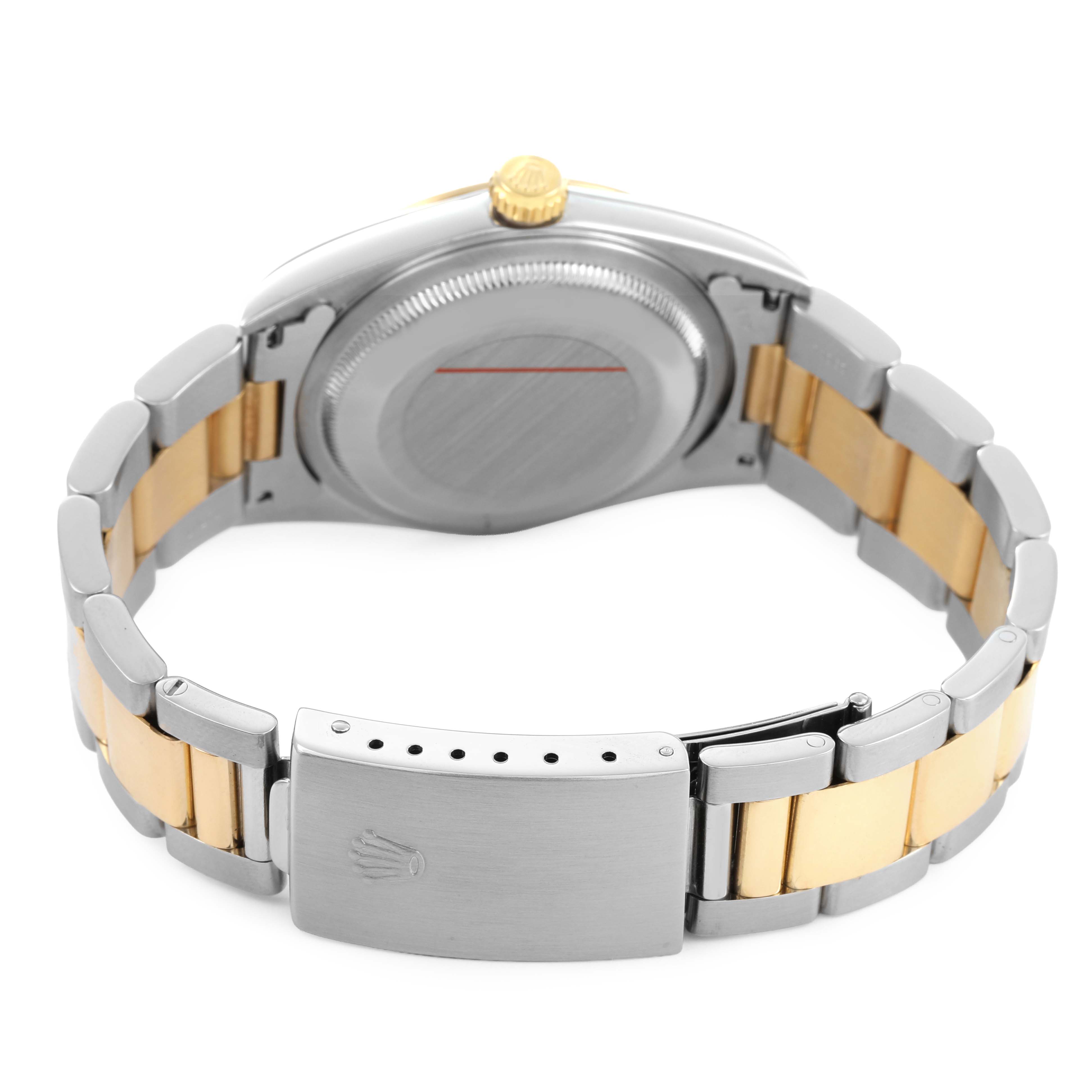 The image shows the back of a Rolex Datejust 16203 Men's Steel and Gold (two tone) Silver Dial, highlighting the case, crown, and two-tone bracelet with the clasp.