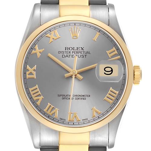The Rolex Datejust 16203 Men's Steel and Gold (two tone) Silver Dial watch is shown from the front, highlighting its dial, bezel, and part of the bracelet.