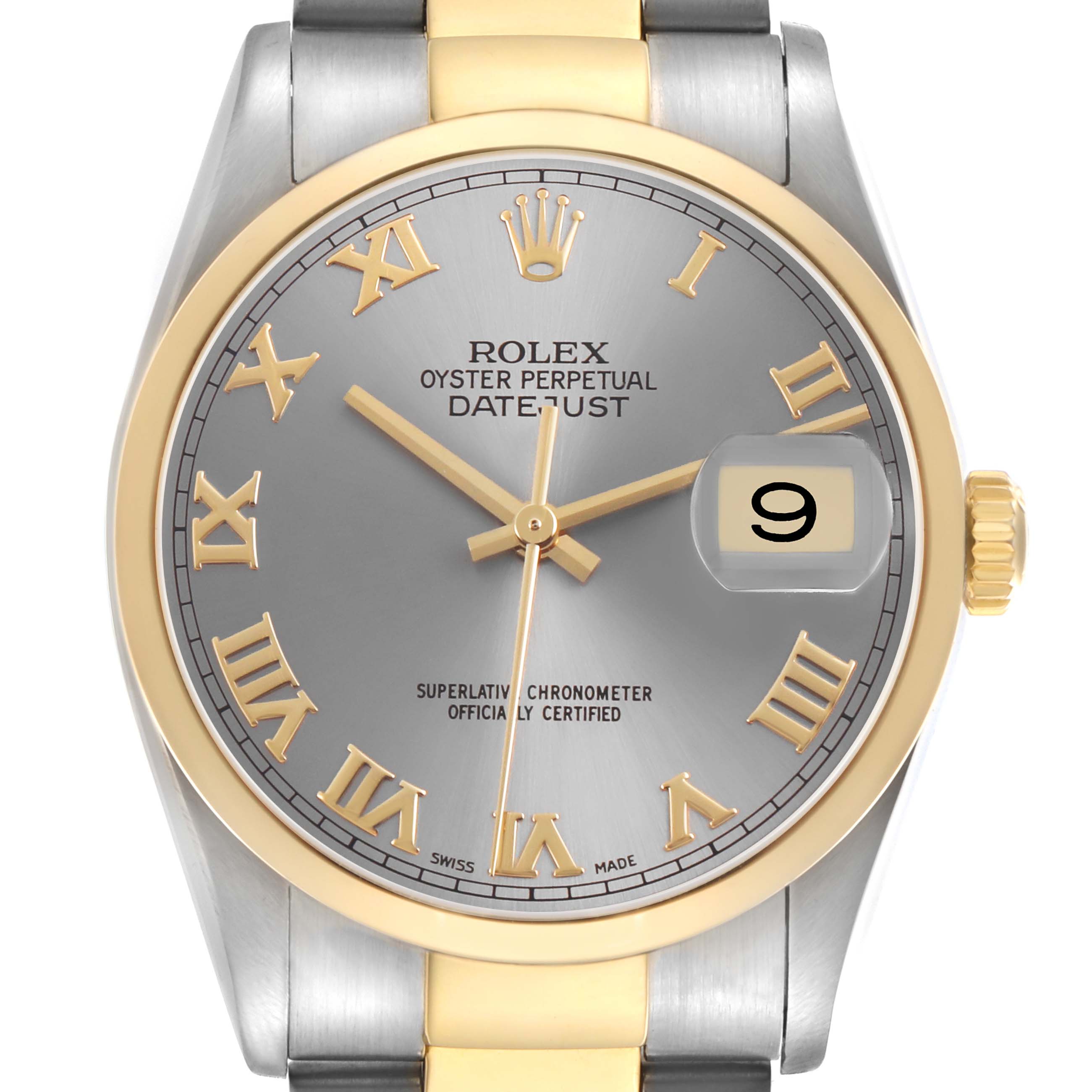 The Rolex Datejust 16203 Men's Steel and Gold (two tone) Silver Dial watch is shown from a front angle, highlighting its face with Roman numerals and a magnified date window.