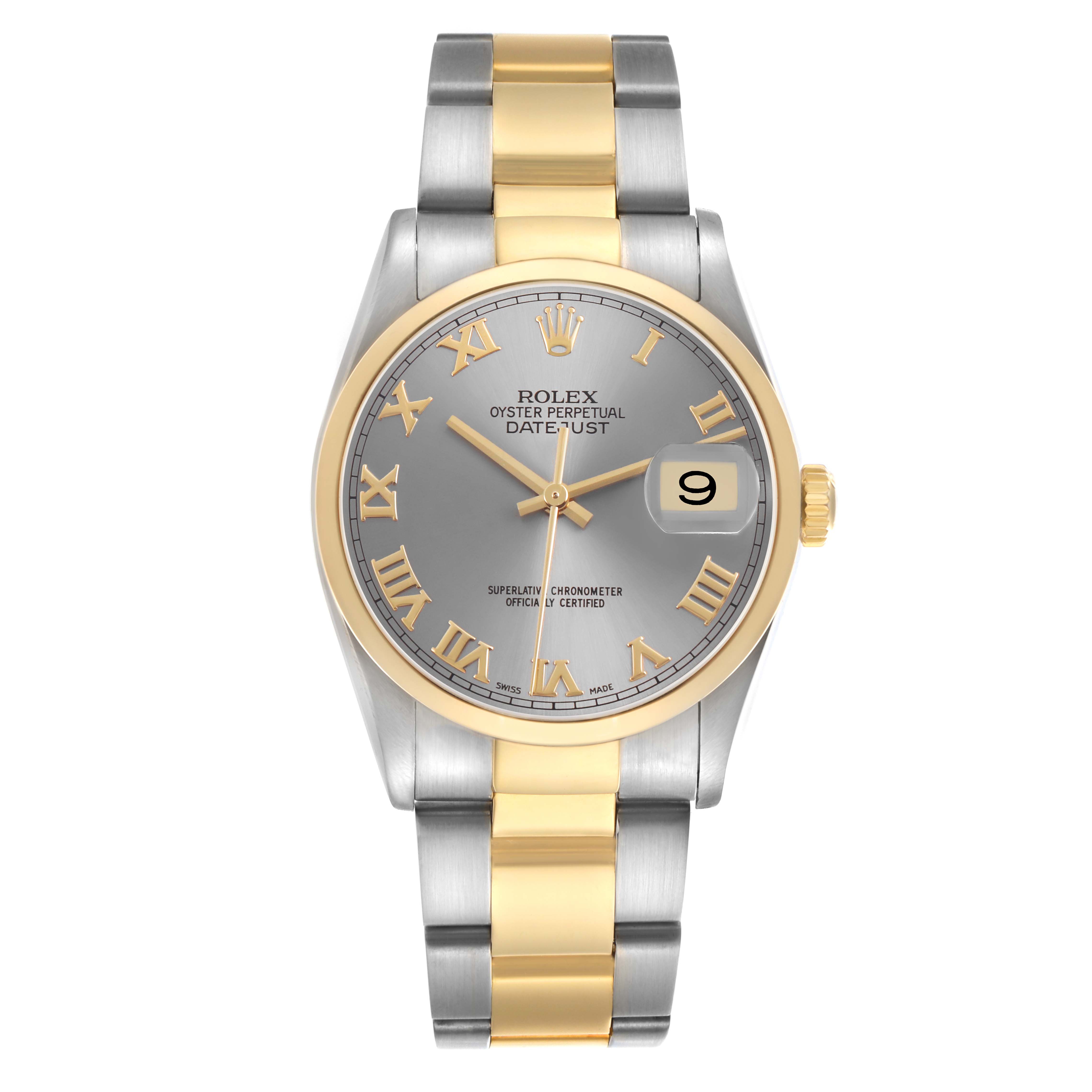 The Rolex Datejust 16203 Men's Steel and Gold (two tone) Silver Dial watch is shown from a front view, displaying the dial, case, bezel, bracelet, and crown.