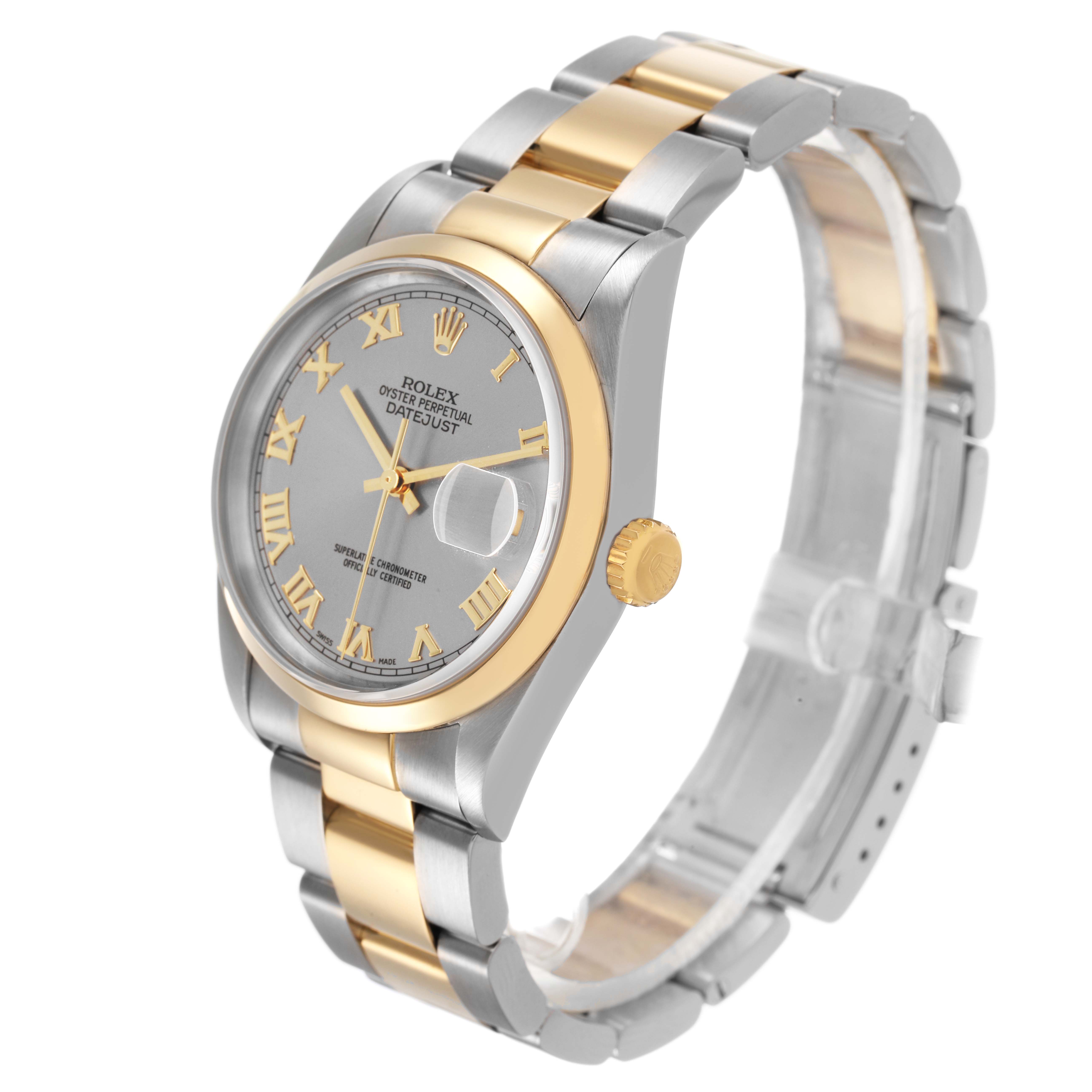 The Rolex Datejust 16203 Men's Steel and Gold (two tone) Silver Dial watch is shown at a tilted angle, highlighting the face, case, bezel, and bracelet.