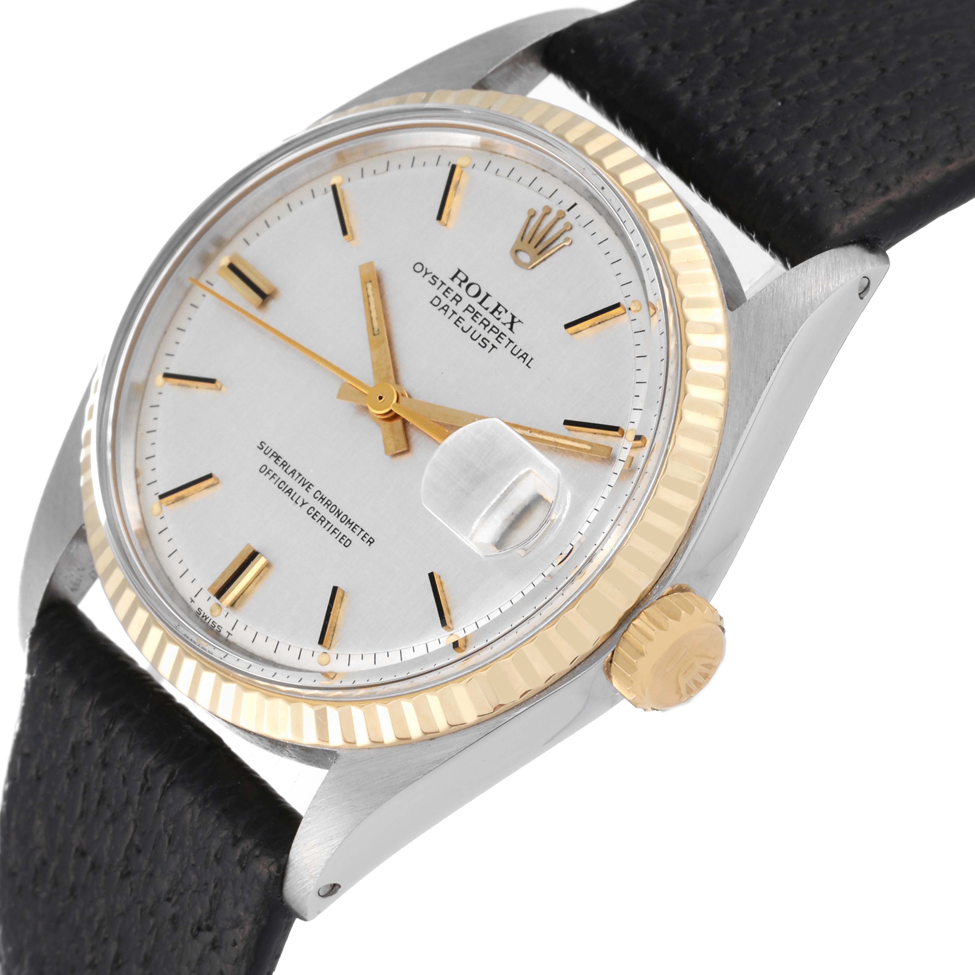 The image shows a Rolex Vintage Collection 1601 Men's Steel and Gold (two tone) Silver Dial 1601 Men's Steel and Gold (two tone) Silver Dial watch model, angled to display the face, bezel, crown, and part of the strap.