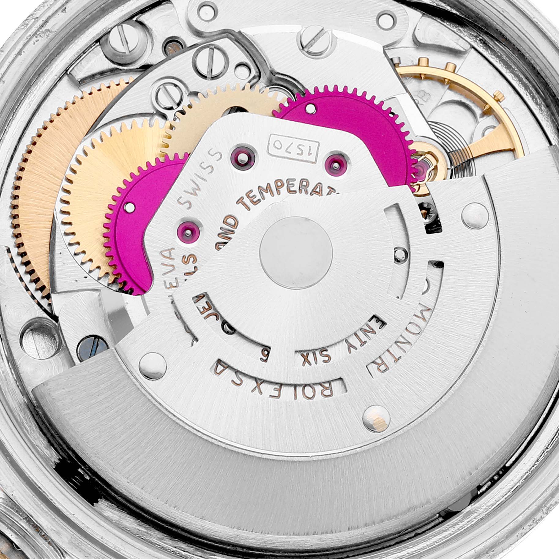 The image shows the intricate movement mechanism of a Rolex Vintage Collection 1601 Men's Steel and Gold (two tone) Silver Dial 1601 Men's Steel and Gold (two tone) Silver Dial watch, focusing on gears and components.