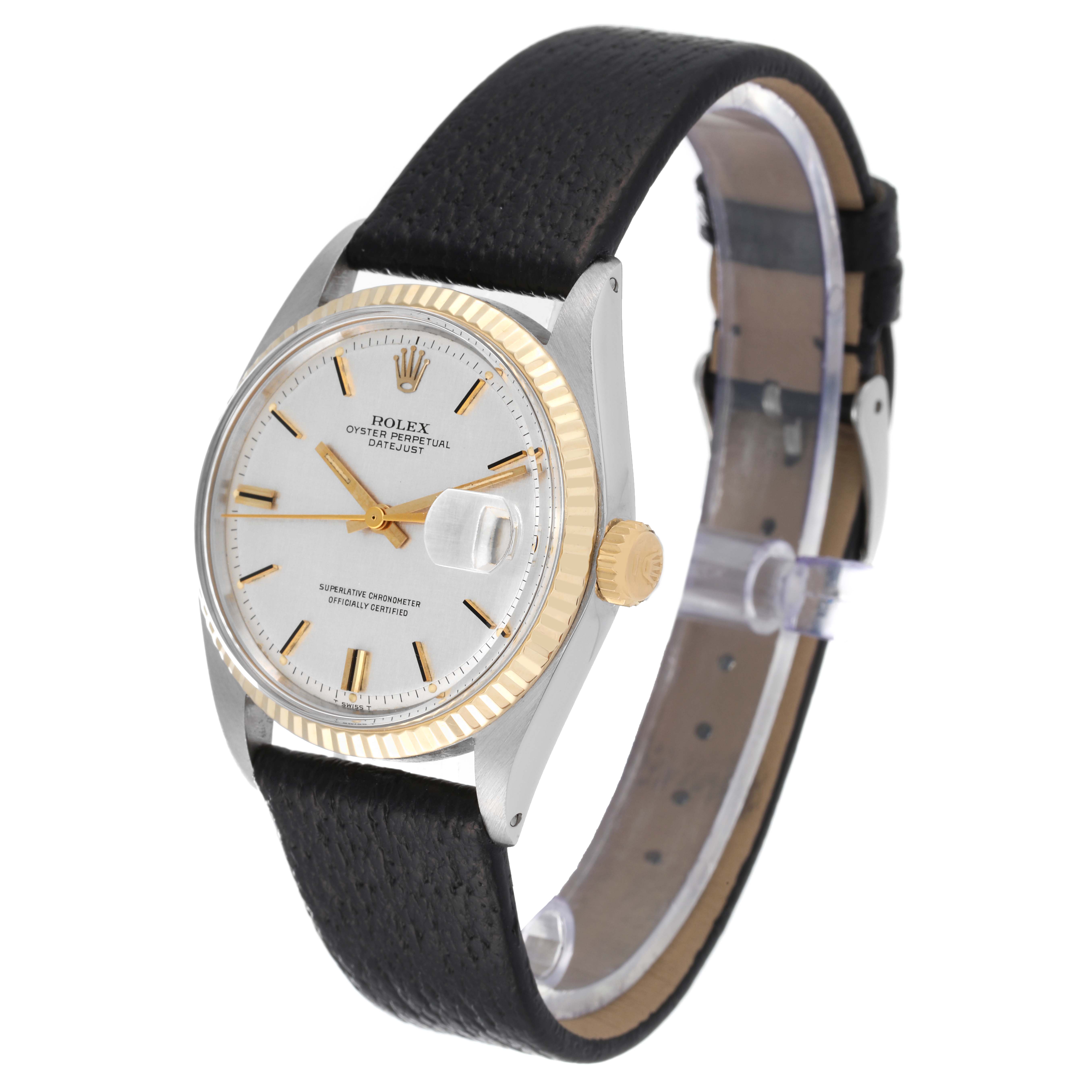 The image shows a Rolex Vintage Collection 1601 Men's Steel and Gold (two tone) Silver Dial 1601 Men's Steel and Gold (two tone) Silver Dial watch, angled to display the face, bezel, crown, and leather strap.