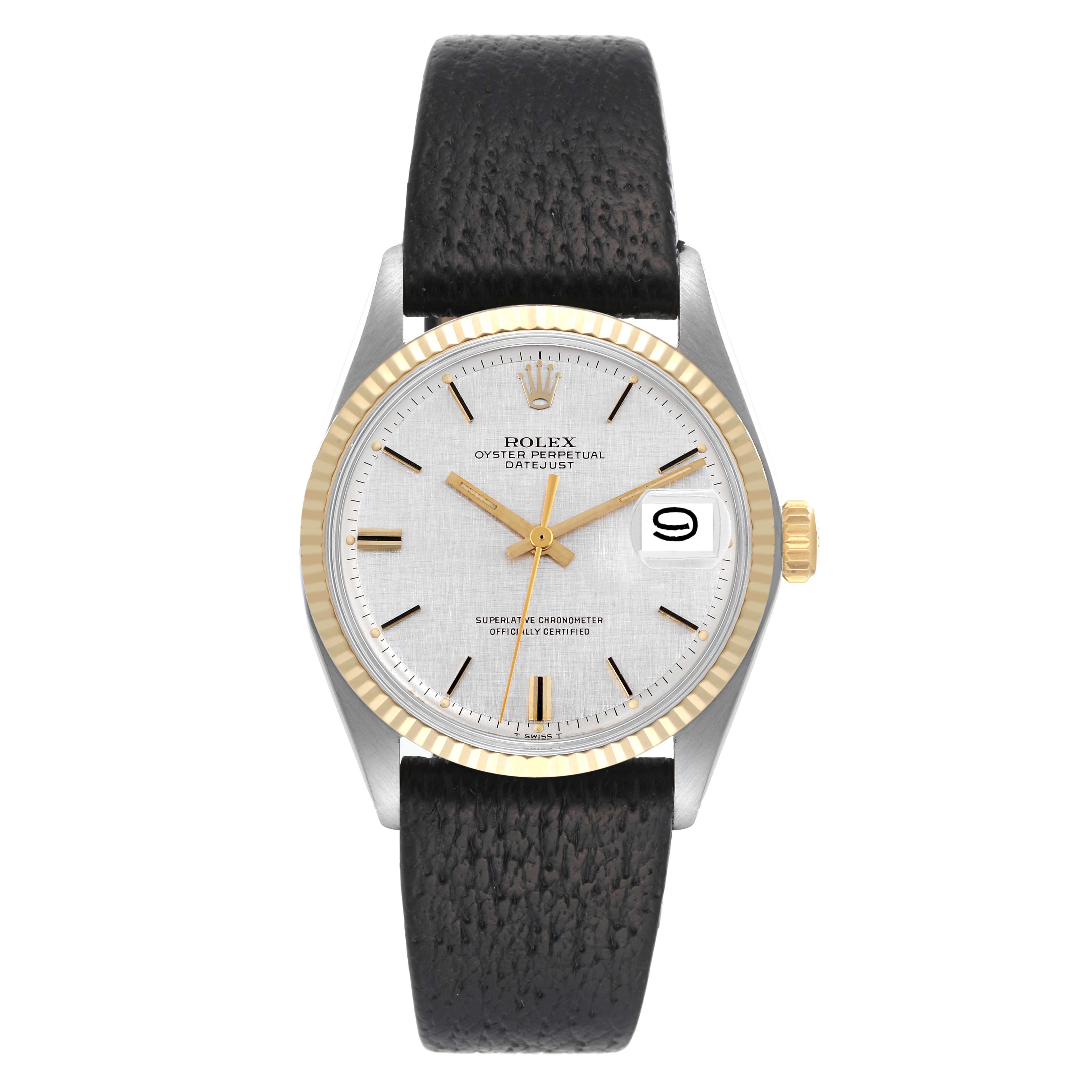 The image shows a front view of a Vintage Collection Rolex Oyster Perpetual Datejust with a black leather strap and a silver dial.