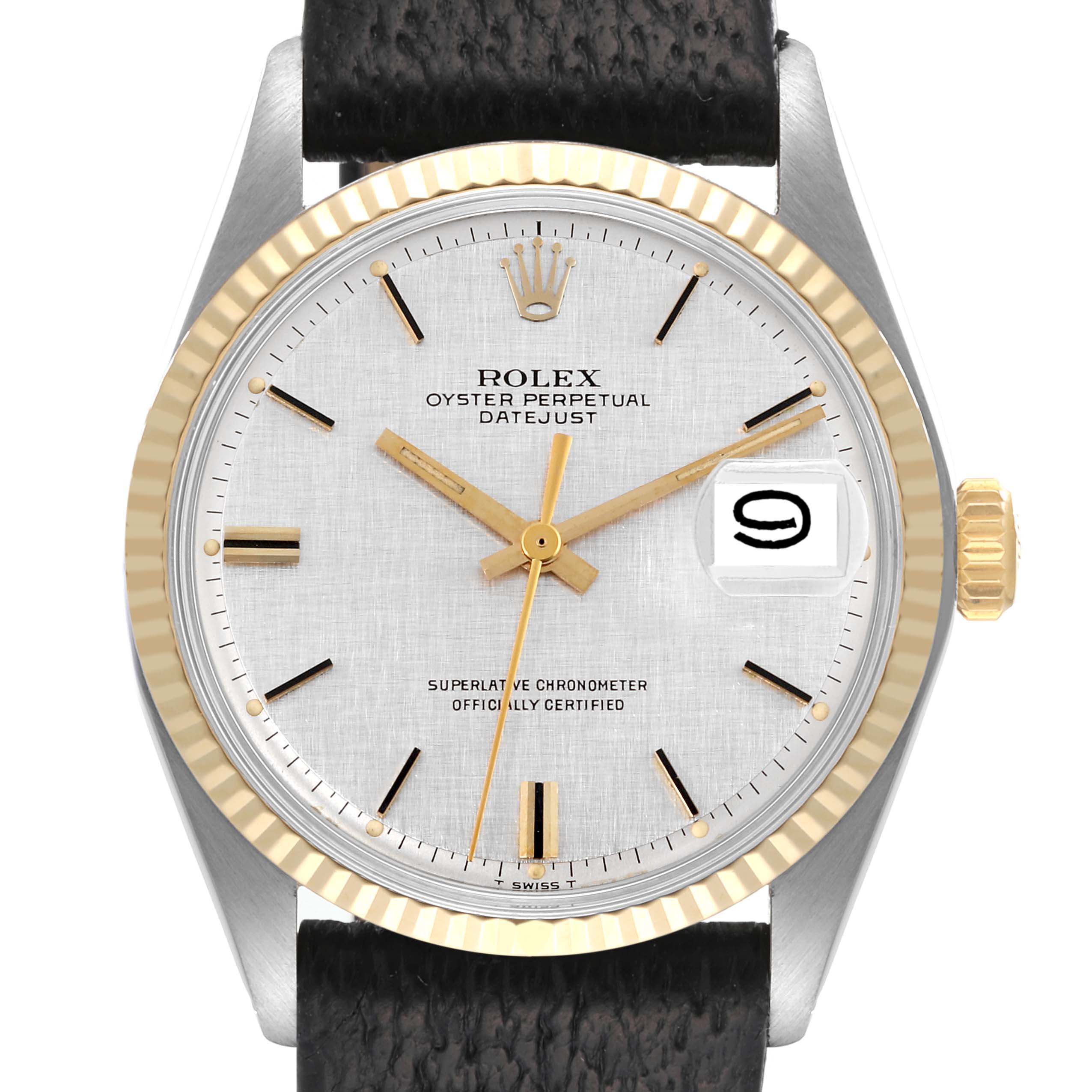 This image shows a top view of the Vintage Collection Rolex Oyster Perpetual Datejust, highlighting the dial, bezel, and crown.