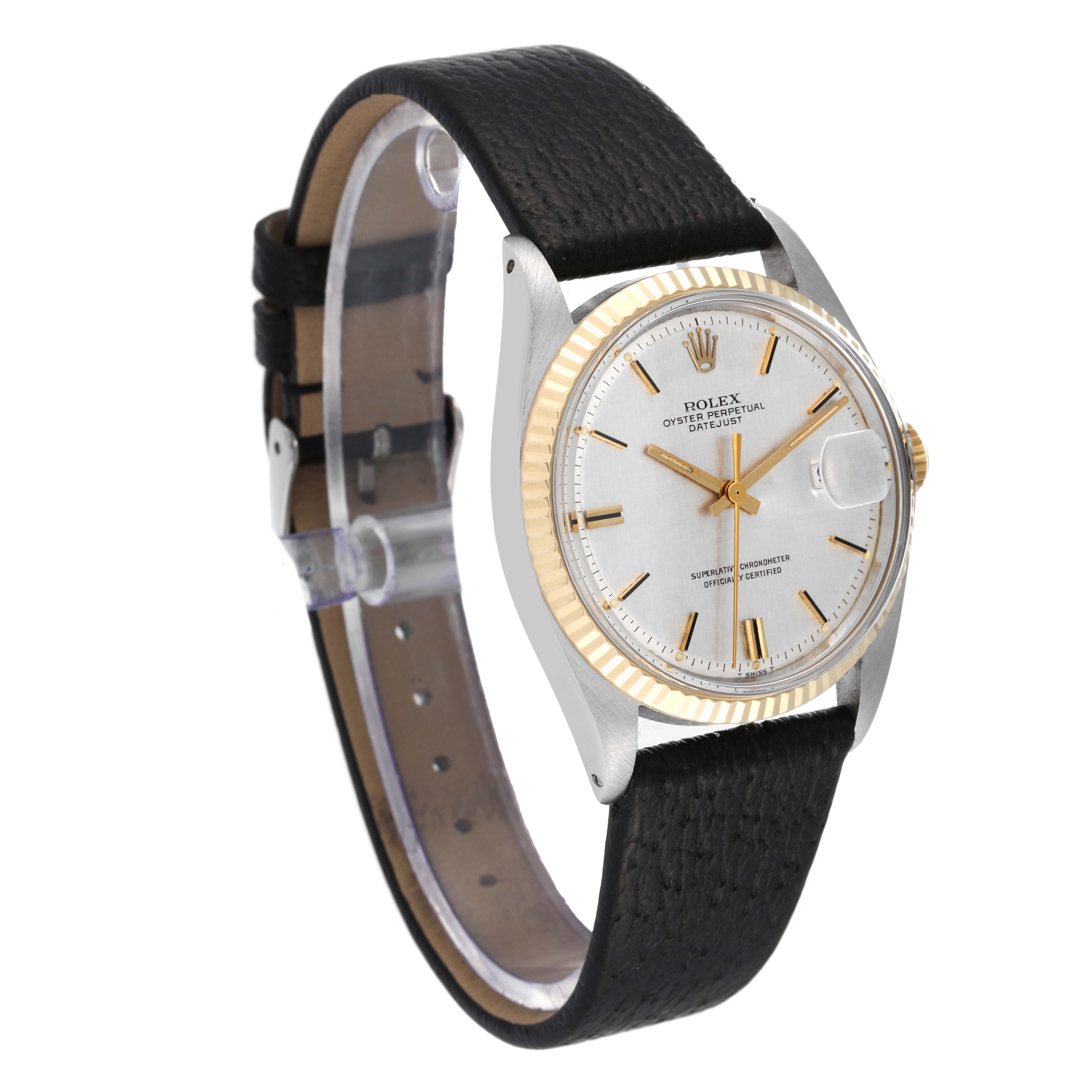 The Rolex Vintage Collection 1601 Men's Steel and Gold (two tone) Silver Dial 1601 Men's Steel and Gold (two tone) Silver Dial model watch is shown at a 3/4 angle, displaying its face, bezel, and black leather strap.