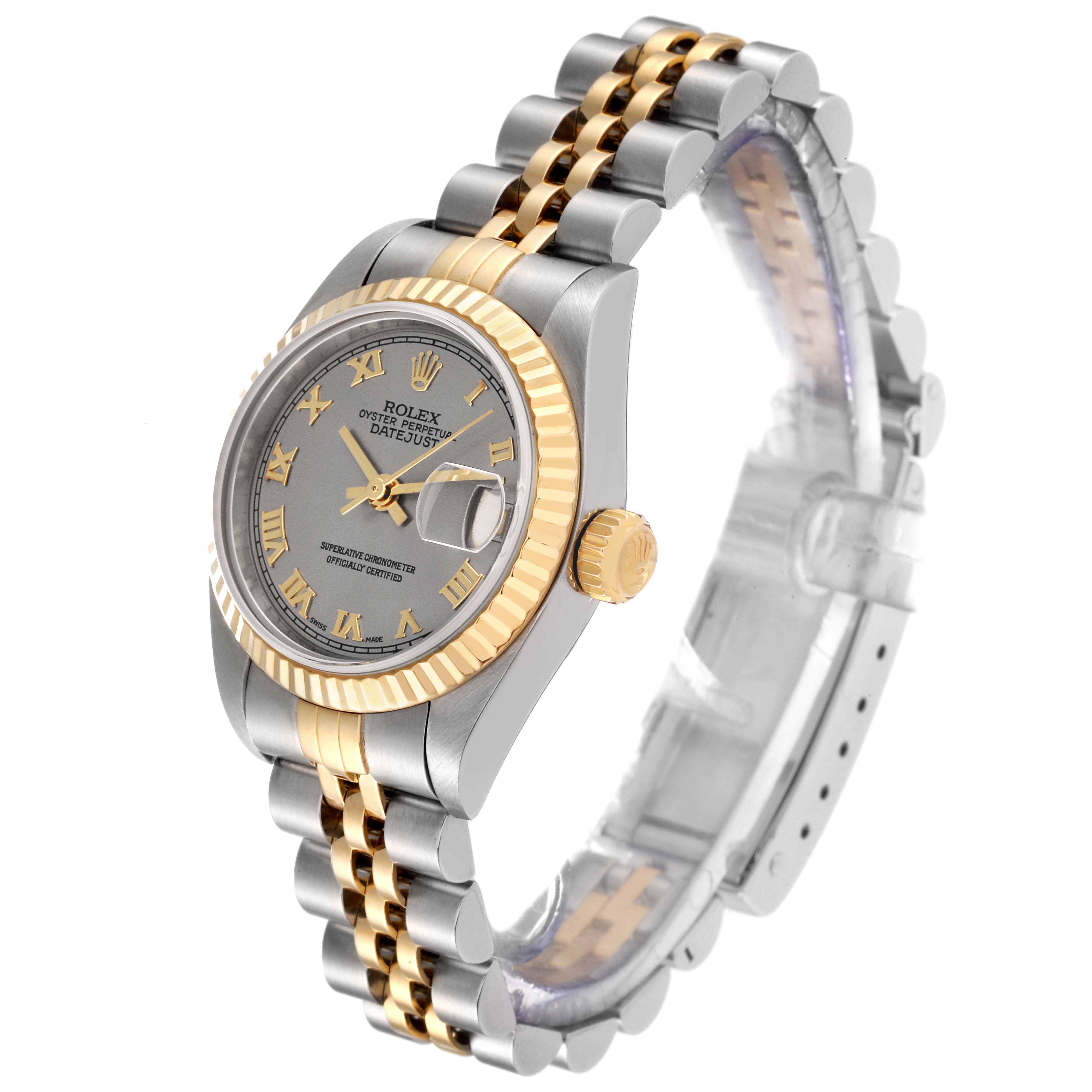 This image shows a Rolex Datejust 79173 Women's Steel and Gold (two tone) Grey Dial 79173 Women's Steel and Gold (two tone) Grey Dial watch at a three-quarter angle, highlighting the bezel, dial, crown, and bracelet.
