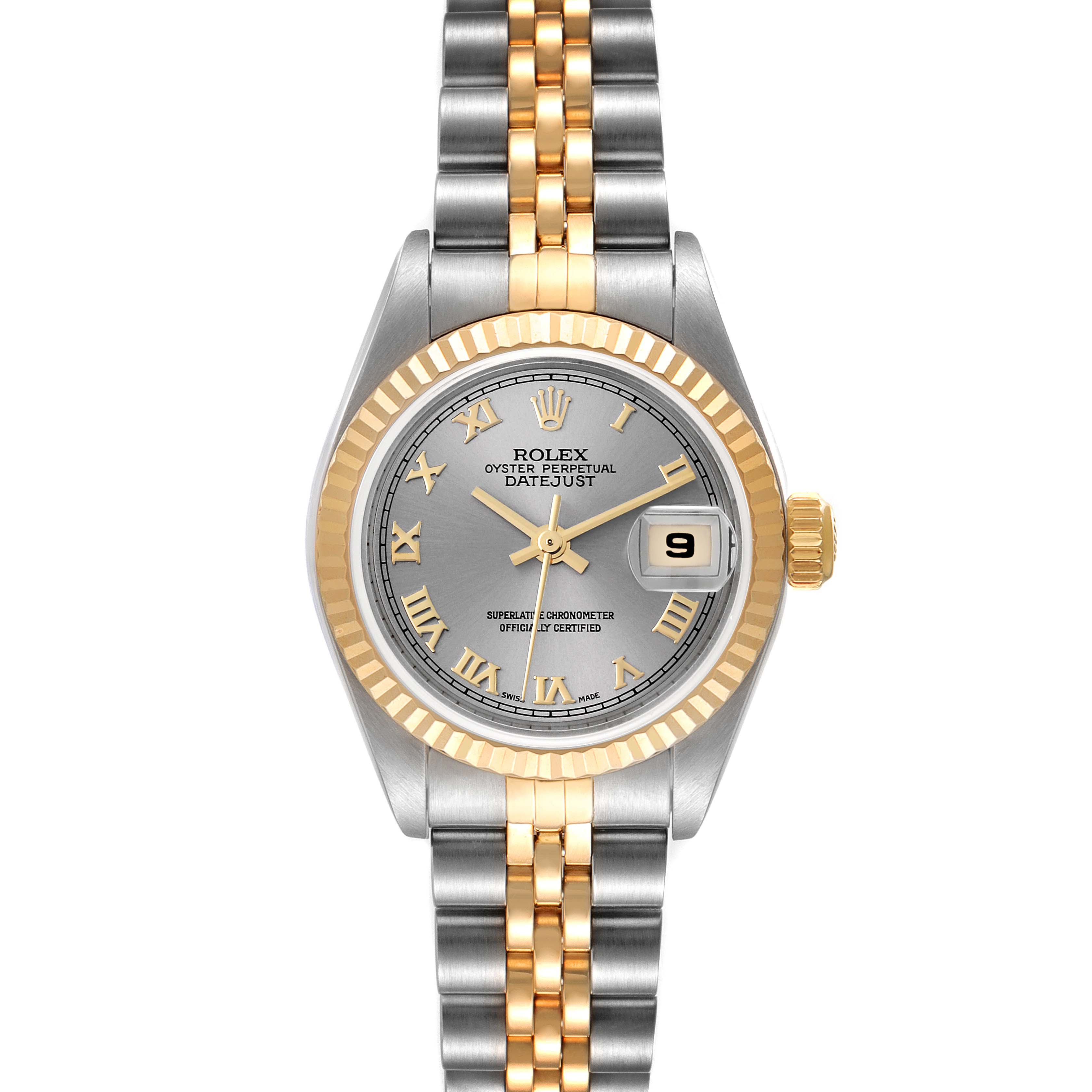 The Rolex Datejust 79173 Women's Steel and Gold (two tone) Grey Dial 79173 Women's Steel and Gold (two tone) Grey Dial watch is shown from the front, displaying the dial, hands, bezel, and bracelet.