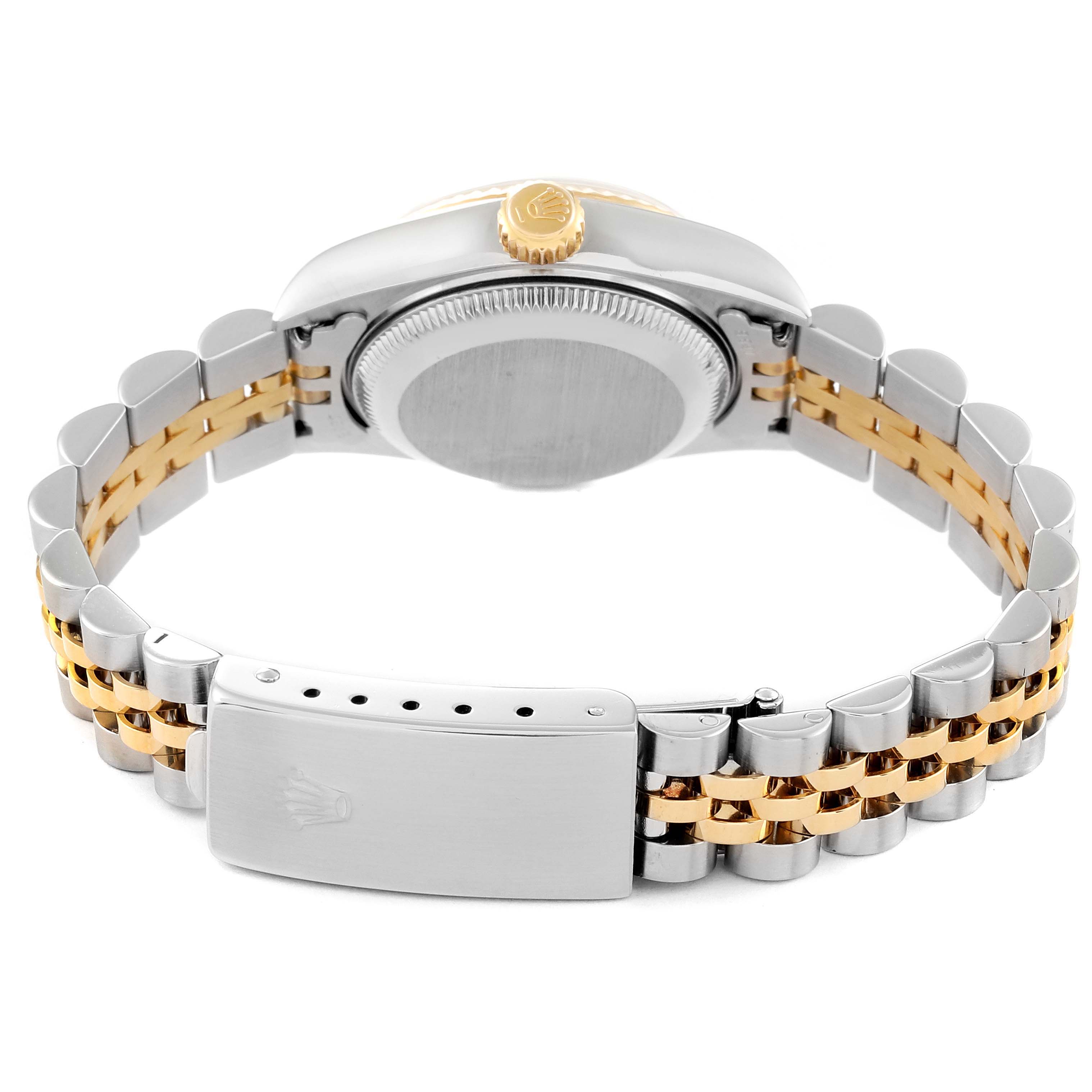 This image shows the back and bracelet clasp of a Datejust model by Rolex from a rear angle.