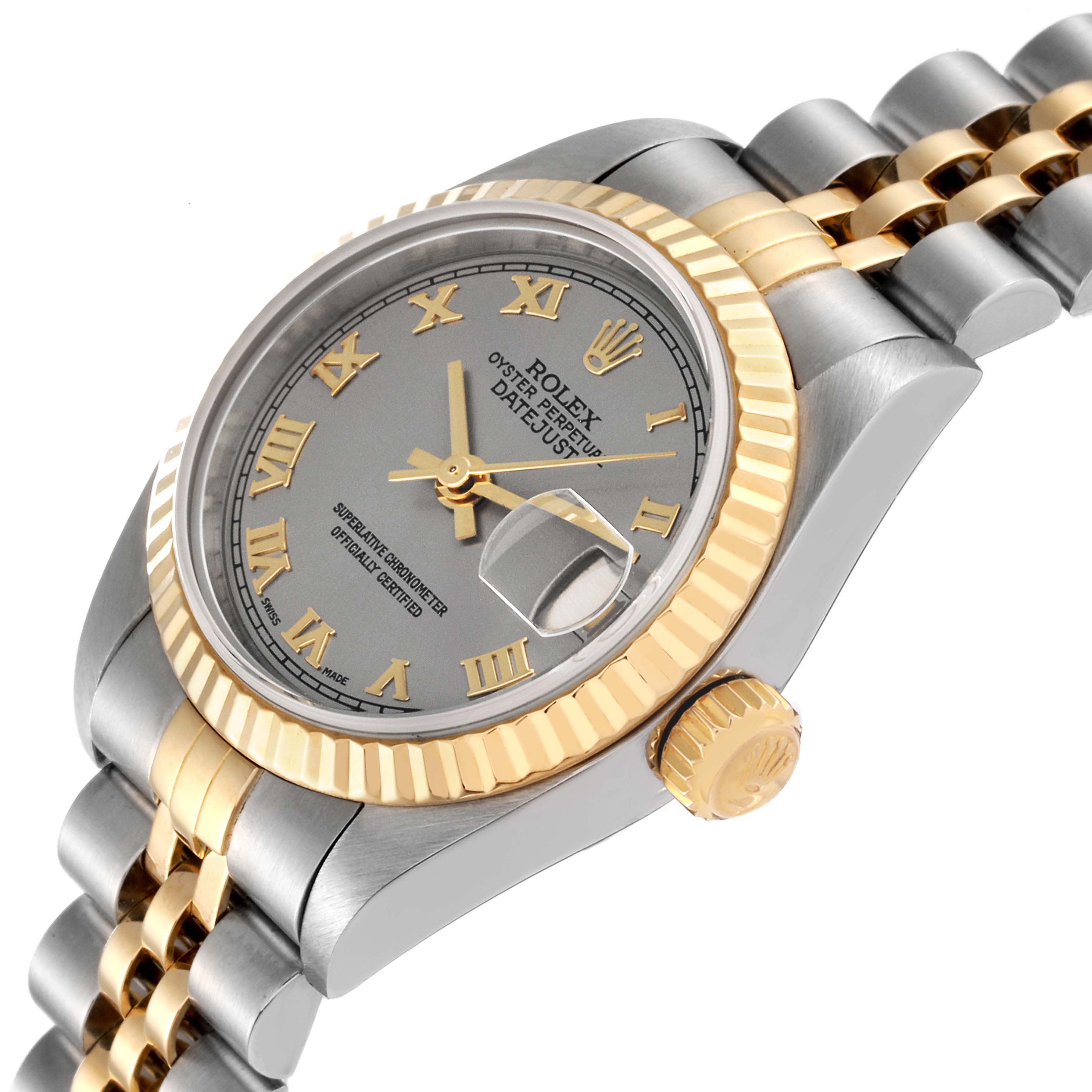 The Rolex Datejust 79173 Women's Steel and Gold (two tone) Grey Dial 79173 Women's Steel and Gold (two tone) Grey Dial watch is shown at an oblique angle, highlighting its gold fluted bezel, crown, and two-tone bracelet.